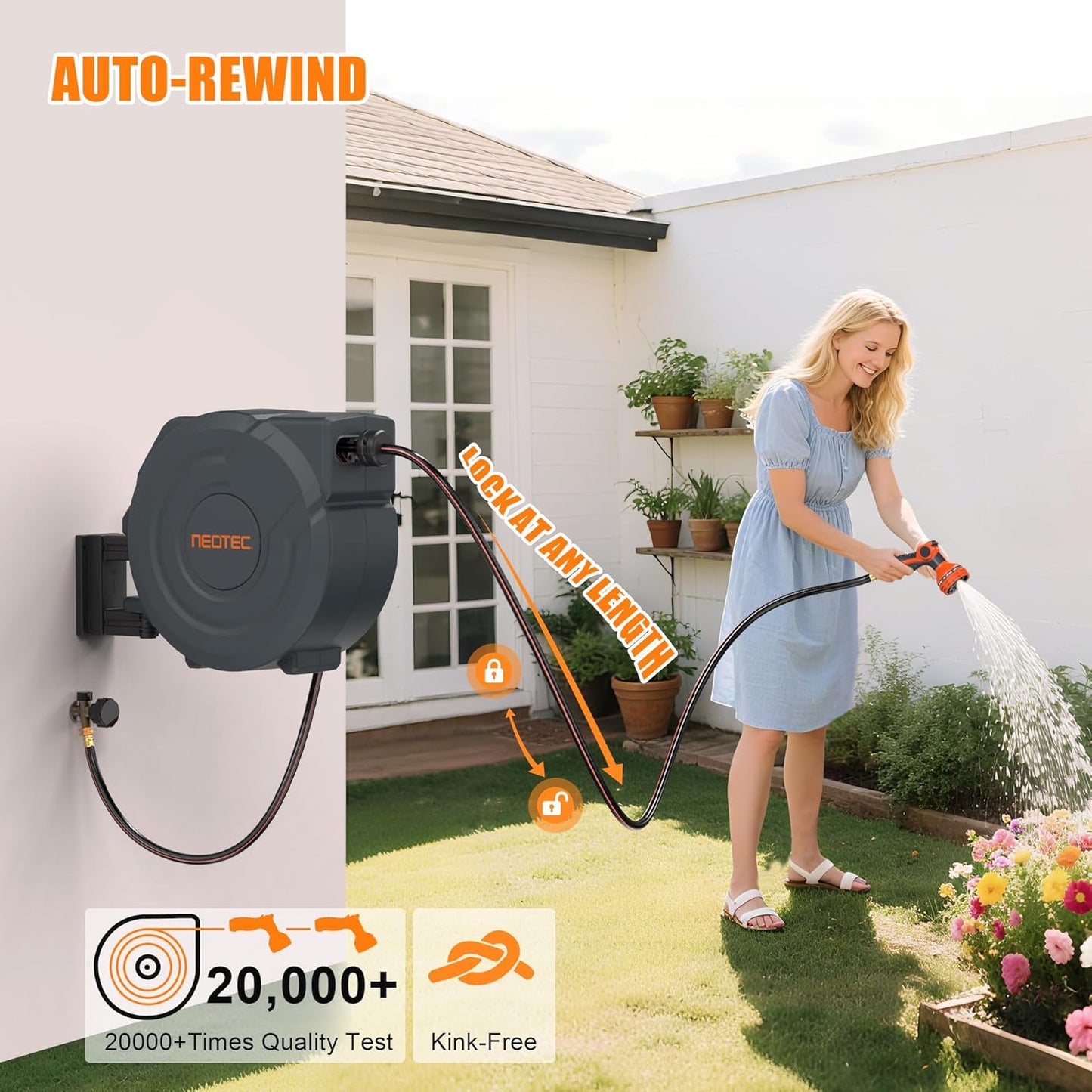 NEOTEC Retractable Garden Hose Reel 5/8 inch x 90ft - Wall Mounted Heavy Duty Hose Reel with 3/4 Inch Brass Fittings & 9-Pattern Nozzle - Auto Rewind System, Any Length Lock, 180° Swivel Bracket