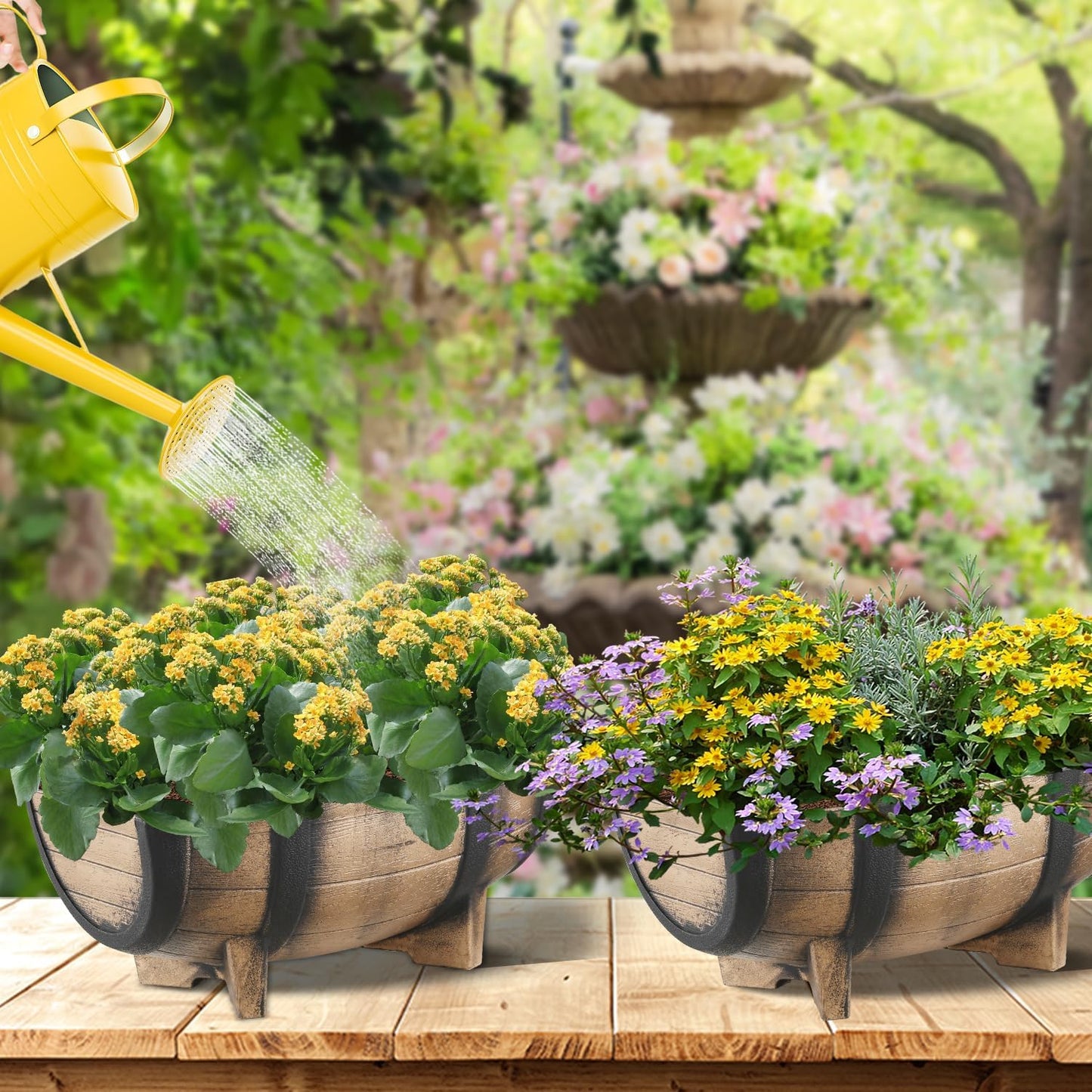 YI 2 Pack Rustic Half Barrel Planters, 16.34x11.81x7.28 Inches Plastic Weather Resistant Plant Flower Pot Indoor & Outdoor Garden Planter