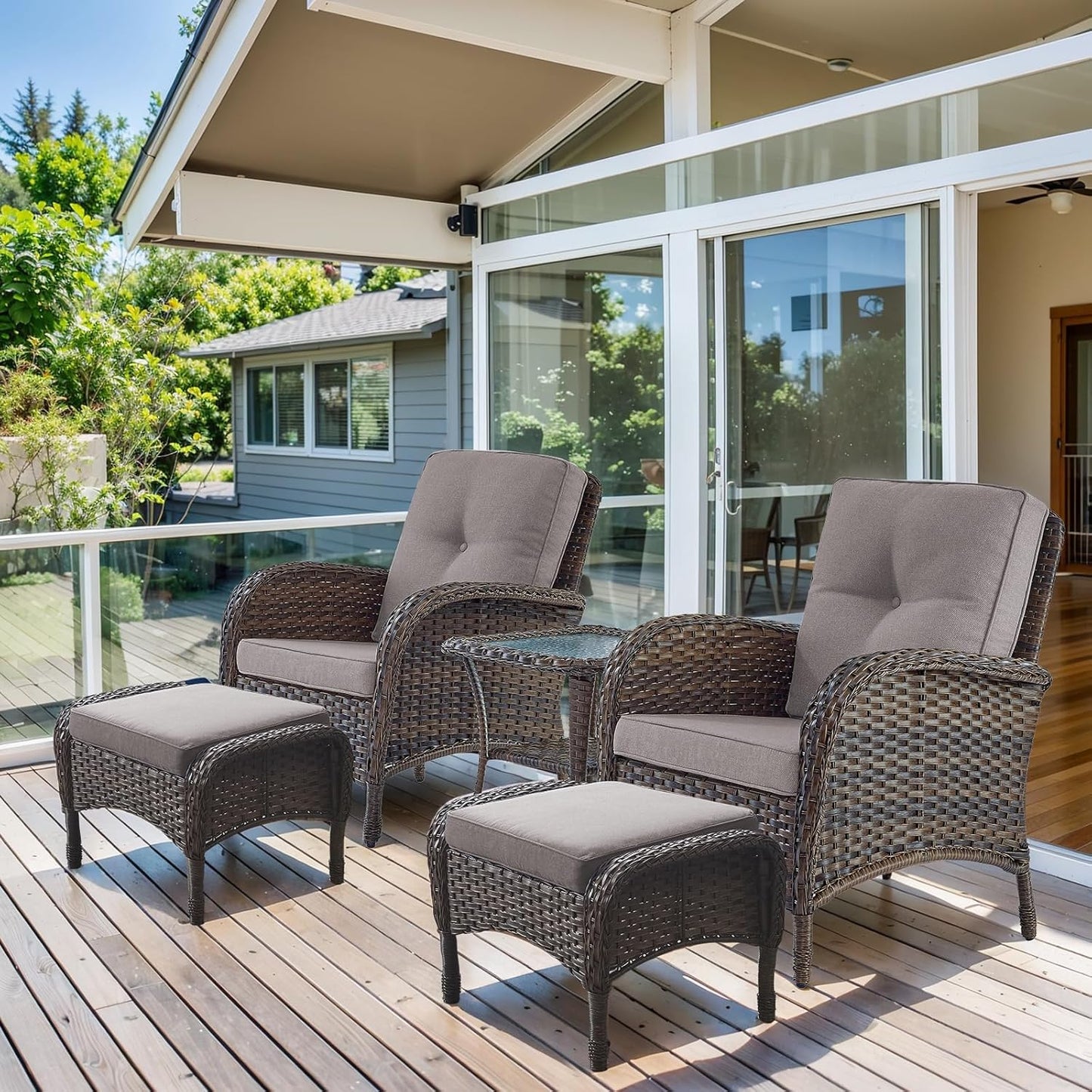 HUMMUH 5 Pieces Patio Furniture Set Wicker Outdoor Bistro Chairs with Ottomans Glass Top Side Table,Outdoor Conversation Set for Porch Deck Backyard Poolside