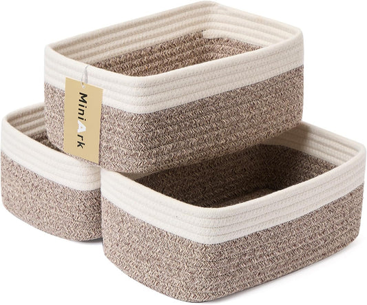 Small Storage Baskets for Organizing | Closet Organizer Bins | Shelf Toy Basket | Woven Rope Baskets | Cube Decorative Box | Shallow Basket | 11.5x7.5x4.7” | 3 Packs White Brown