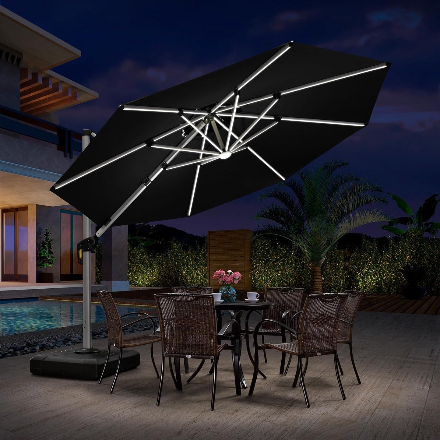PURPLE LEAF 11ft Patio Umbrella With Base Solar powered LED Cantilever Umbrella with LED lights Windproof Outdoor Offset Umbrella for Garden Deck Pool Patio, Black