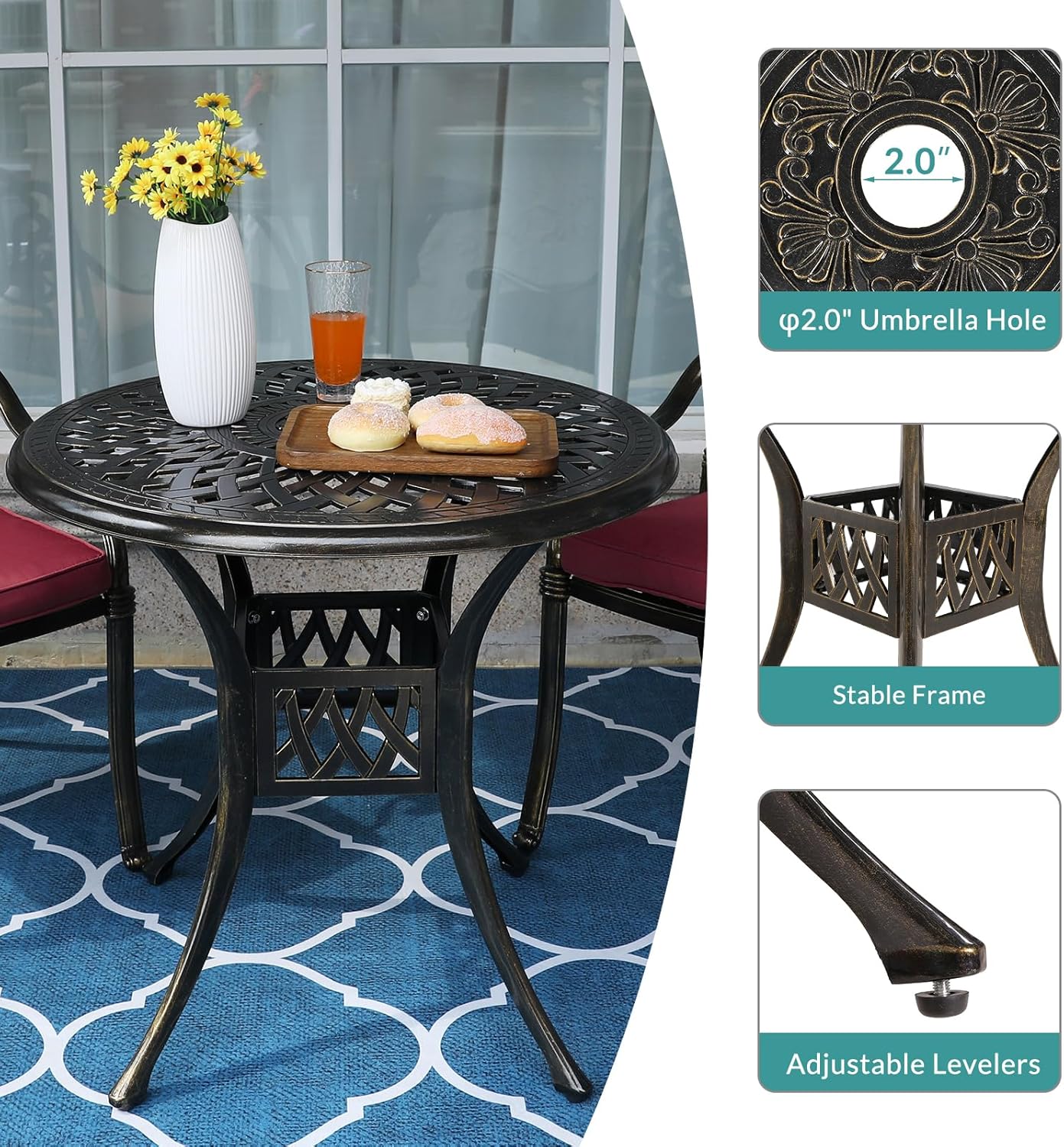 MEETWARM 3 Piece Patio Bistro Set, Outdoor All-Weather Cast Aluminum Dining Furniture Set Includes 2 Cushioned Chairs and a 31” Round Table with Umbrella Hole for Garden Deck, Chili Red