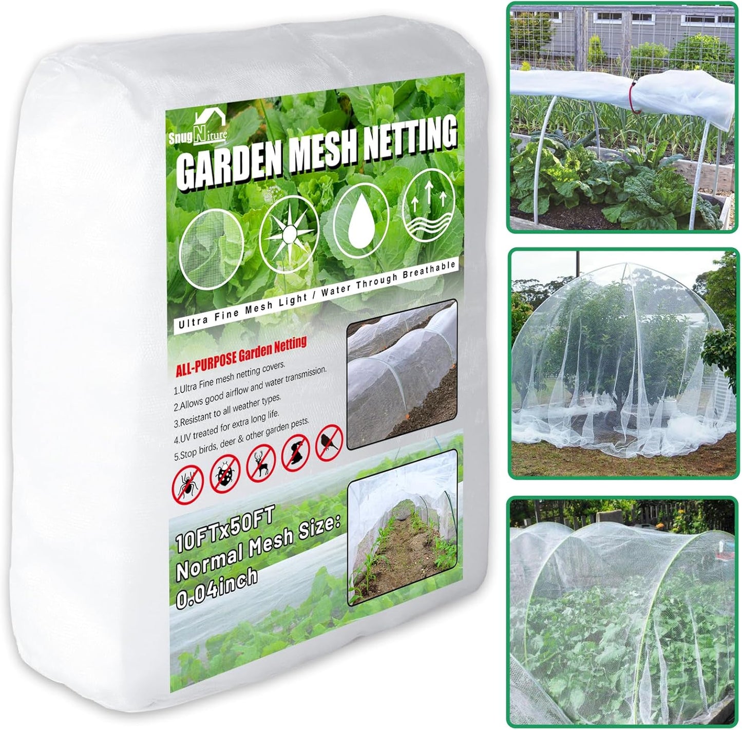 SnugNiture Garden Netting 10x50FT Ultra Fine Mesh Mosquito Netting Plant Covers, White Bird Netting Barrier Greenhouse Row Cover Protect Fruits Flower Vegetables from Birds Deer & Squirrels