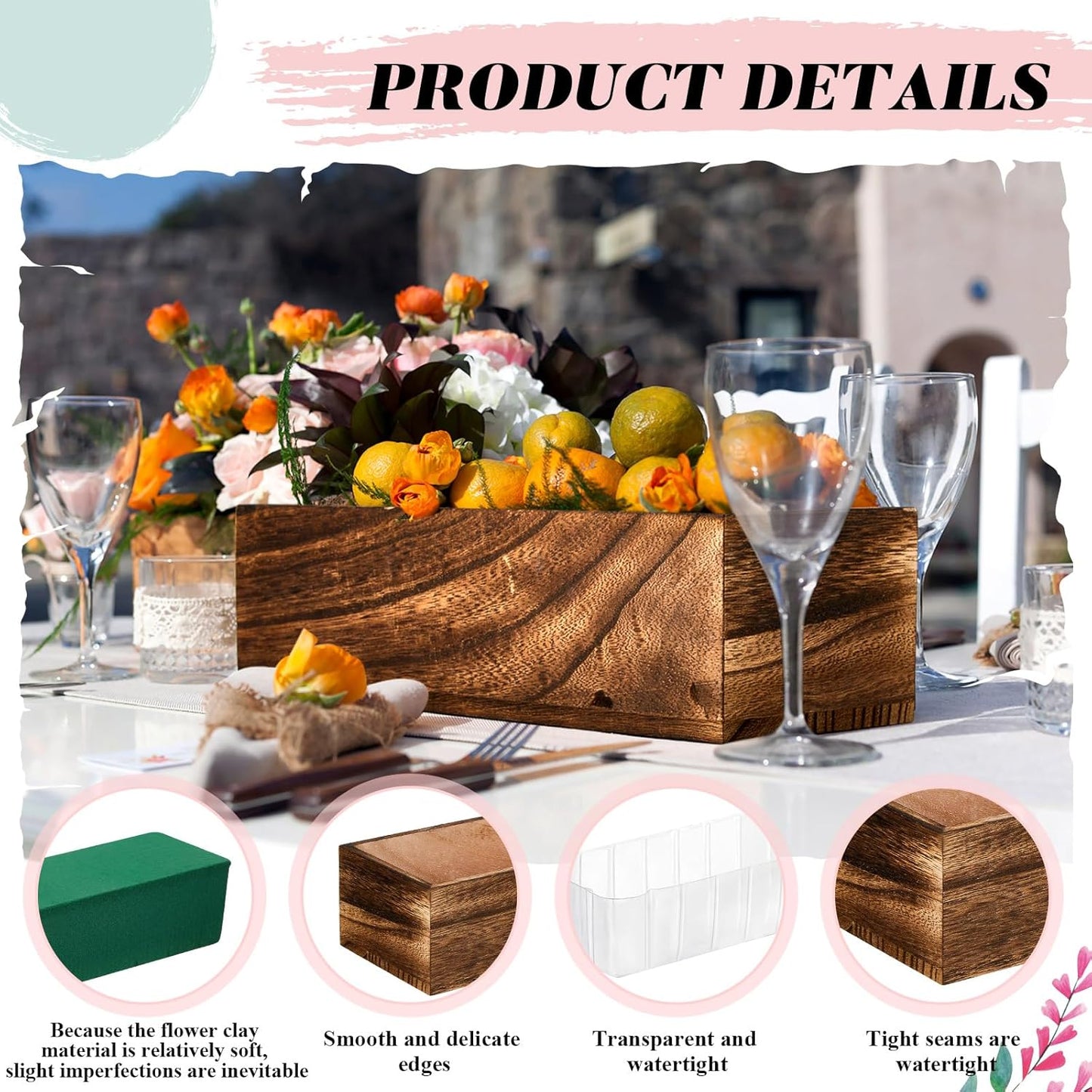 Dandat 4 Set Wood Boxes for Centerpieces Rectangle Wooden Planter Box Rustic Wood Planter with Removable Plastic Liner Floral Foam Blocks for Centerpieces Home Wedding Garden Decor (12x4 Inch)