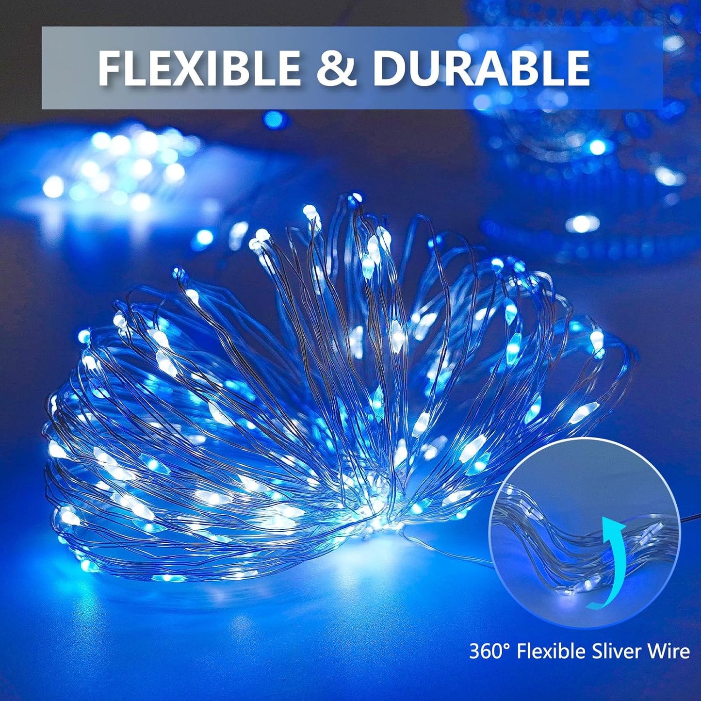 SANJICHA Blue and White Solar String Lights, Extra-Long 2 Pack 144FT 400LED Solar Christmas Lights Outdoor Waterproof, Sliver Wire 8 Modes Twinkle Light for Garden Tree Party Wedding Decorations