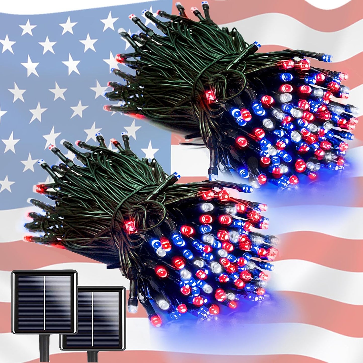EEW 2 Pack 200 LED Red White and Blue Solar String Lights Outdoor Waterproof, Solar Powered LED Patriotic Lights, Solar Tree Lights for Independence Day Decor 4th of July Memorial Day Decorations
