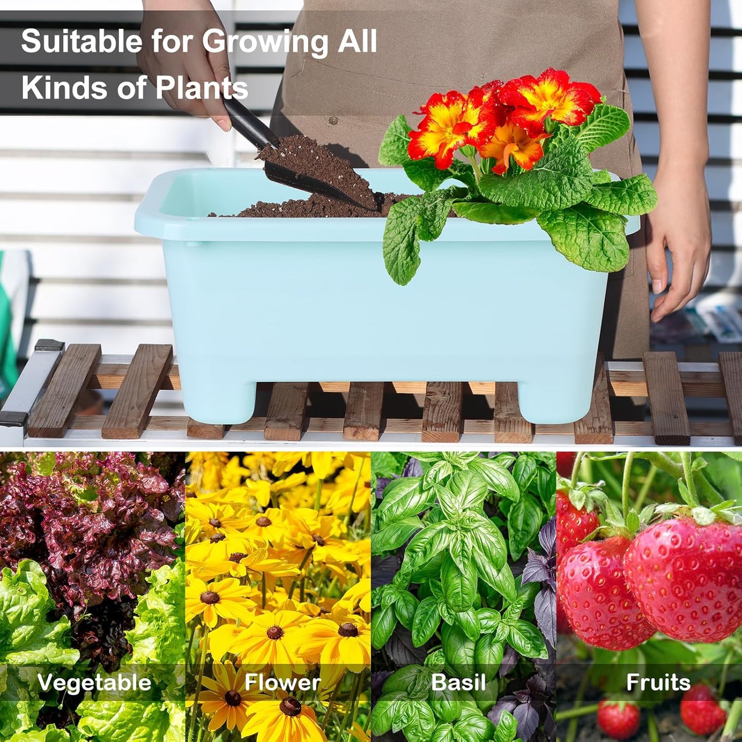 Self-Watering Rectangle Planter Boxes 8-Pack, 15.7-Inch Window Box Planter with Drainage Holes & Trays, Pots for Vegetables, Herbs, Flowers, Garden Windowsill Balcony (Sky Blue, 15.7*8.3*7.1 inch)