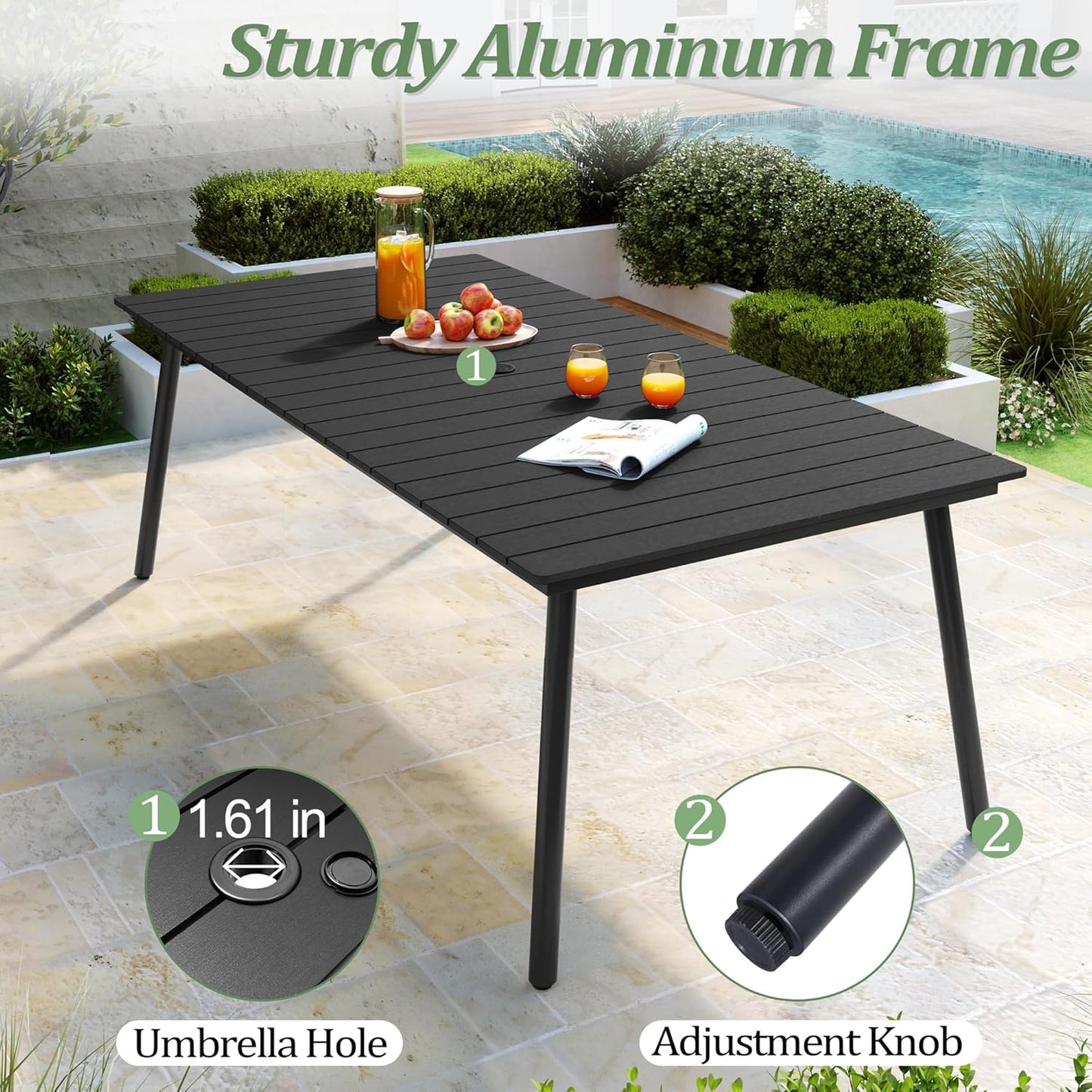 Outdoor Dining Table for 6-8, 82.7 inch Patio Dining Table with Wooden-Like Top and Aluminum Frame, Rectangular Table with Umbrella Hole Outdoor Furniture, Only Table, Black