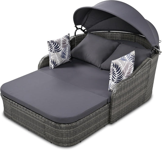 79.9" Outdoor Daybed with Retractable Canopy, PE Rattan Wicker Patio Daybed, 2-Seater Loveseat Lounge Bed Conversation Daybed, Gray Wicker Cushion