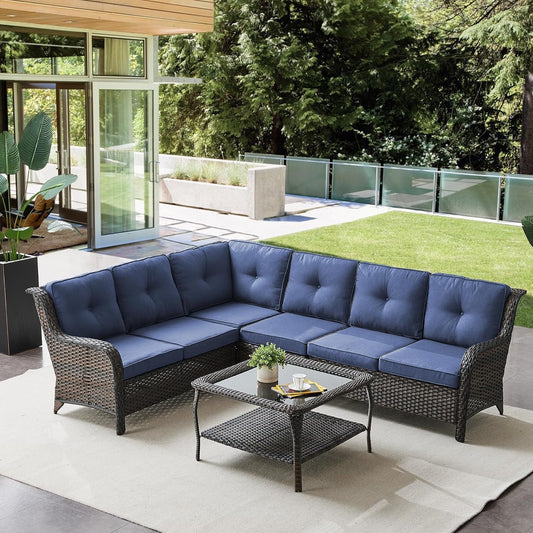 Outdoor Furniture Sectional Sofa L Shaped Couch - Patio Wicker Set with Coffee Table, 3 Piece Rattan Patio Conversation Sets with Blue Cushion for Deck Backyard Sunroom Blue Cushion