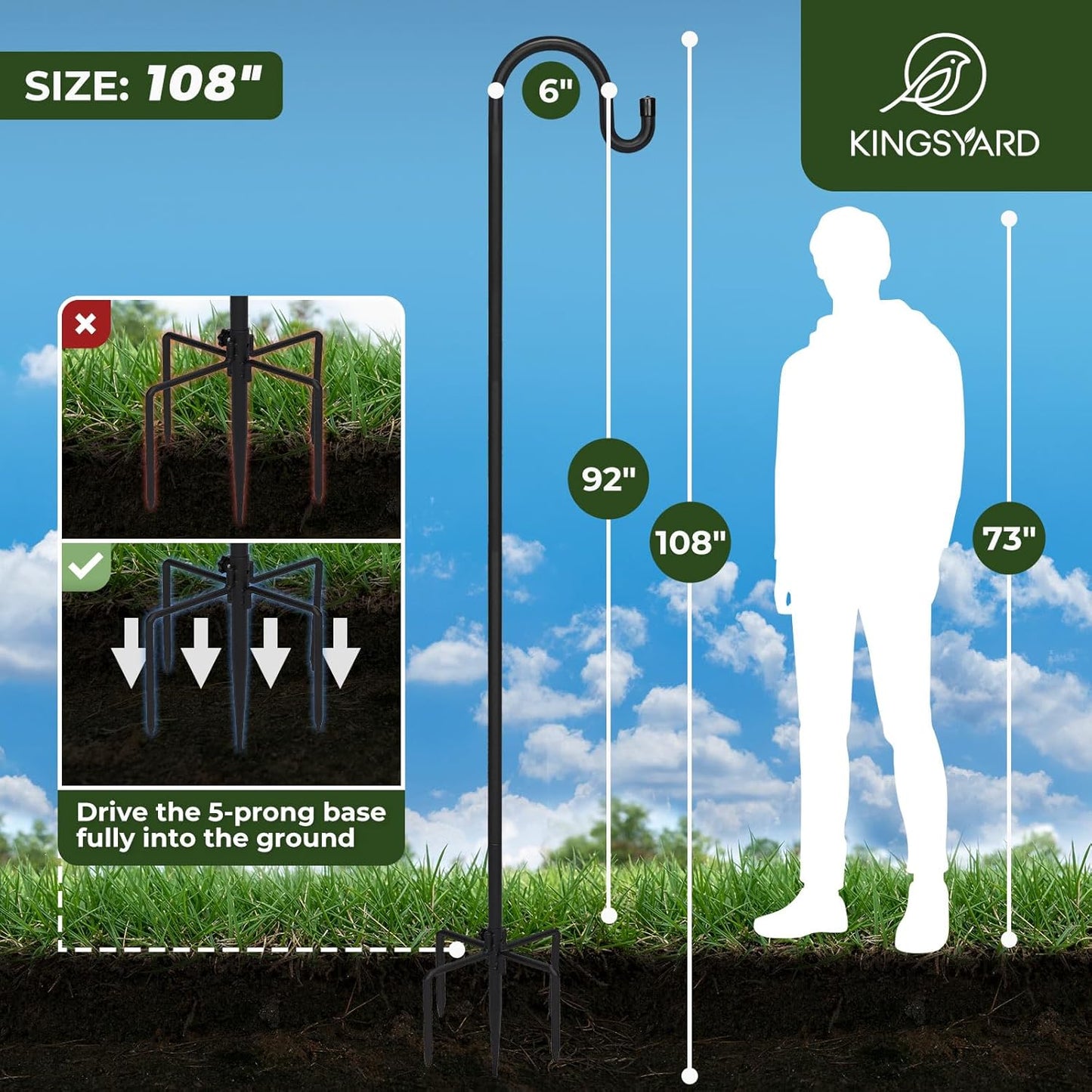 Kingsyard 2 Pack Adjustable Shepherd Hooks for Outdoor - 76 INCH Heavy Duty Bird Feeder Pole with 5 Prong Base, Hummingbird Feeder Stand, Garden Plant Baskets, Weddings Decor, Solar Light Lanterns