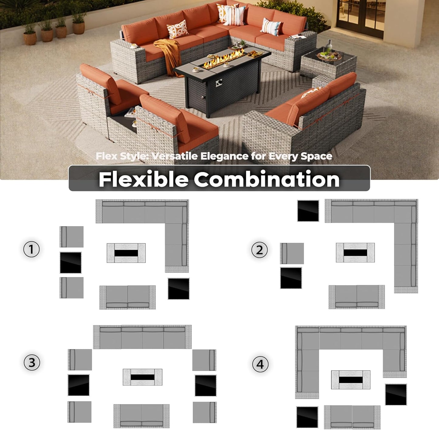 ovios 13 Pieces Patio Furniture Set, Outdoor Wicker Sectional Sofa with 54 Inch Fire Pit Table Comfy Cushions, Modern Modular Deep Seat Rattan Couch Conversation Set, Orange Red