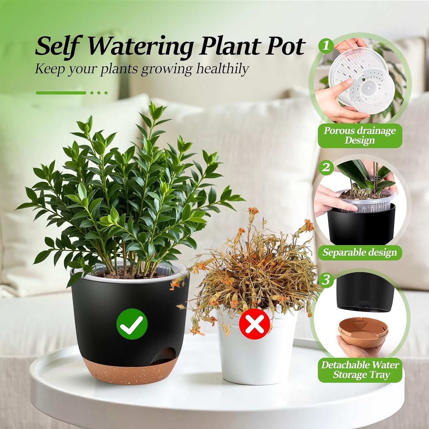 Self Watering Orchid Pots for Indoor Plants,5.8 Inch Macetas para Orqudeas,Flower Pots for Indoor Plants with Holes(Black)