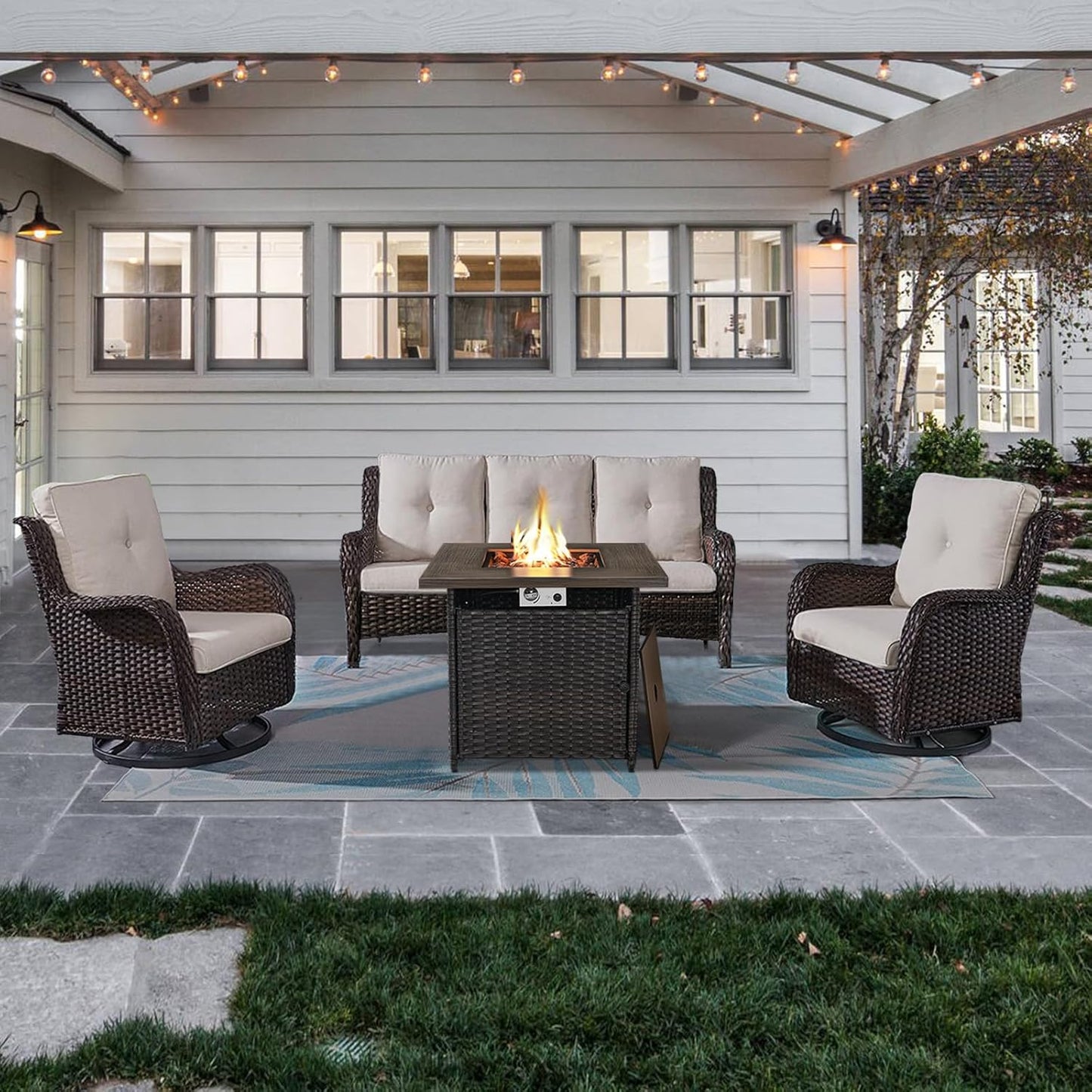Outdoor Patio Furniture Set with 50000BTU Propane Fire Pit Table, 4 Pieces Wicker Patio Conversation Set with 2 Swivel Rocker Glider Chairs Rattan Sofa Beige Cushion Perfect for Gathering