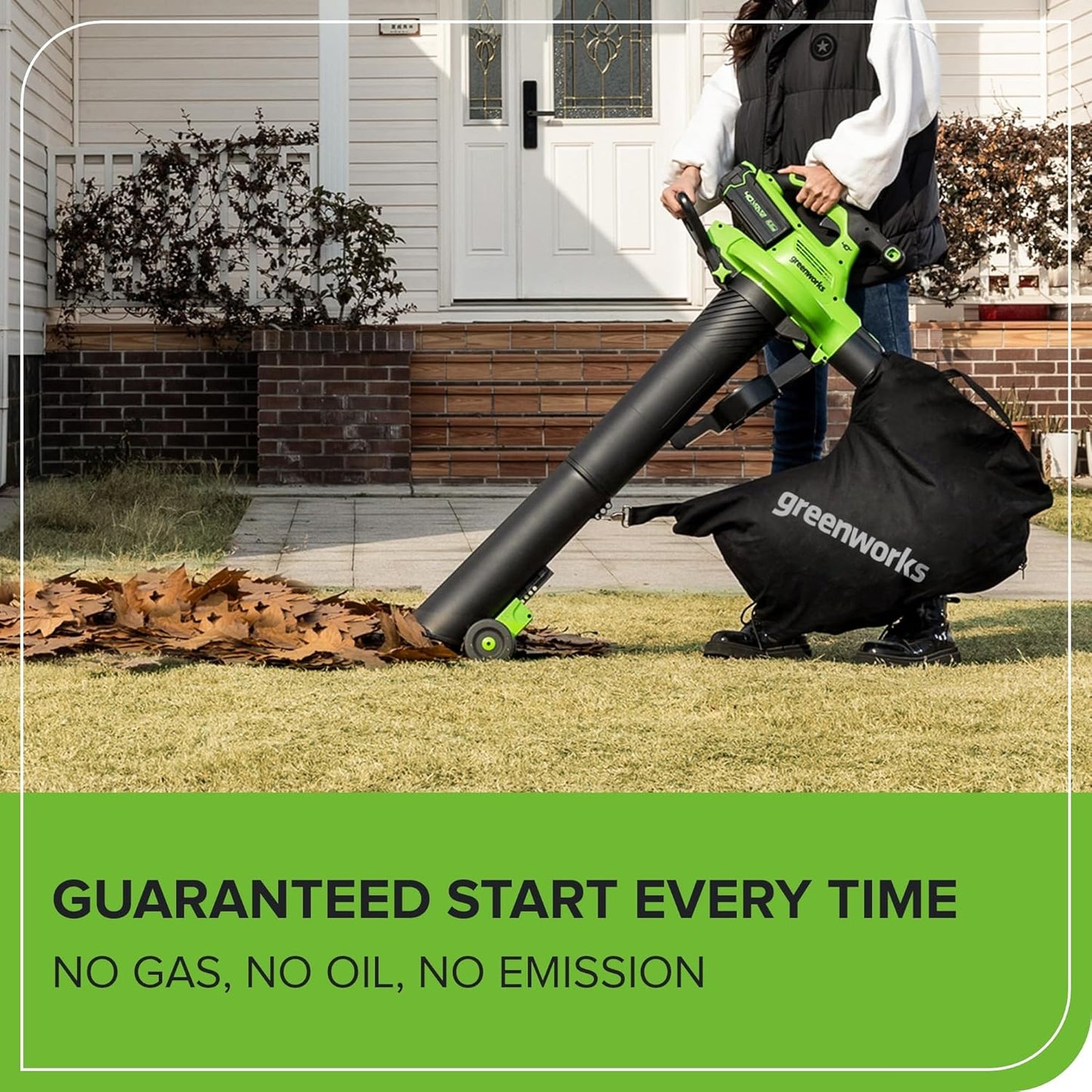 Greenworks 40V (230 MPH / 505 CFM) Cordless Brushless Leaf Blower/Vacuum with Bag, High Power, Lightweight & Quiet for Yard Debris Cleanup, Includes 5.0Ah Battery & Charger