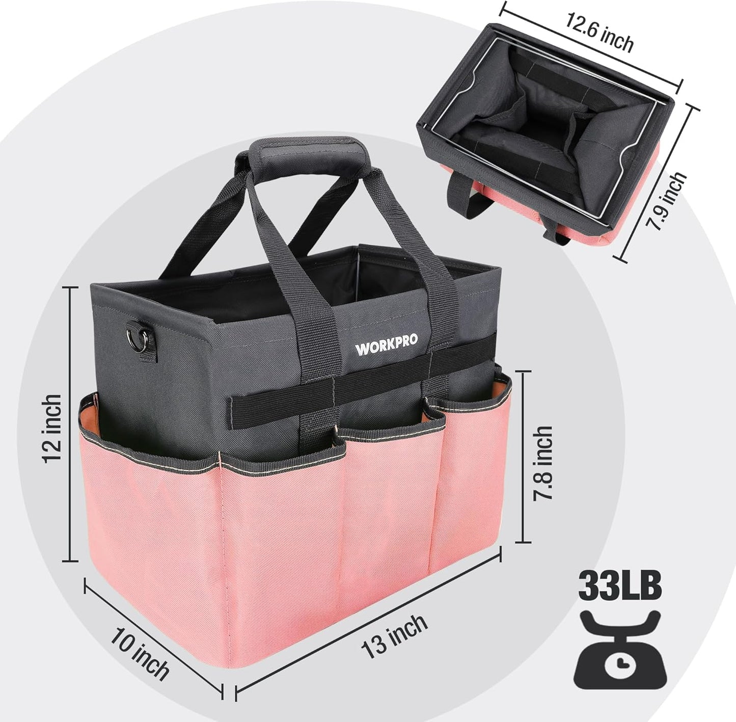 WORKPRO Garden Tool Bag, Heavy Duty Gardening Tote Bag Organizer with 10 Pockets and Long Adjustable Shoulder Strap, Standable Garden Home Tool Kits Organizer, Pink