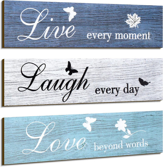 Jetec 3 Pieces Rustic Wood Sign Wall Decor Live Love Blessed Family and Love Quote Sign Farmhouse Wall Mount Decoration for Home Kitchen Living Room, 12 x 3 x 0.2 Inch(Blue Series,Classic)