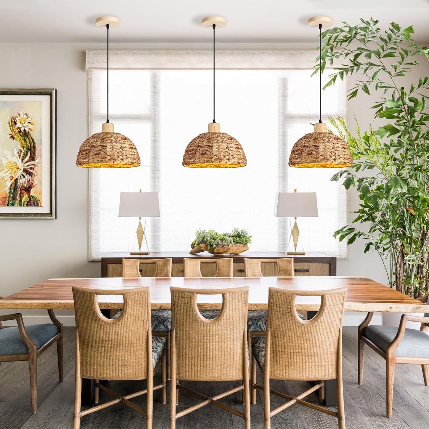 Boho Pendant Lights Kitchen Island, 11.8" Hand-Woven Rattan Light Fixture Bohemian Lighting Farmhouse Seagrass Weaving Hanging Ceiling Light Chandelier for Living Dining Room Restaurants