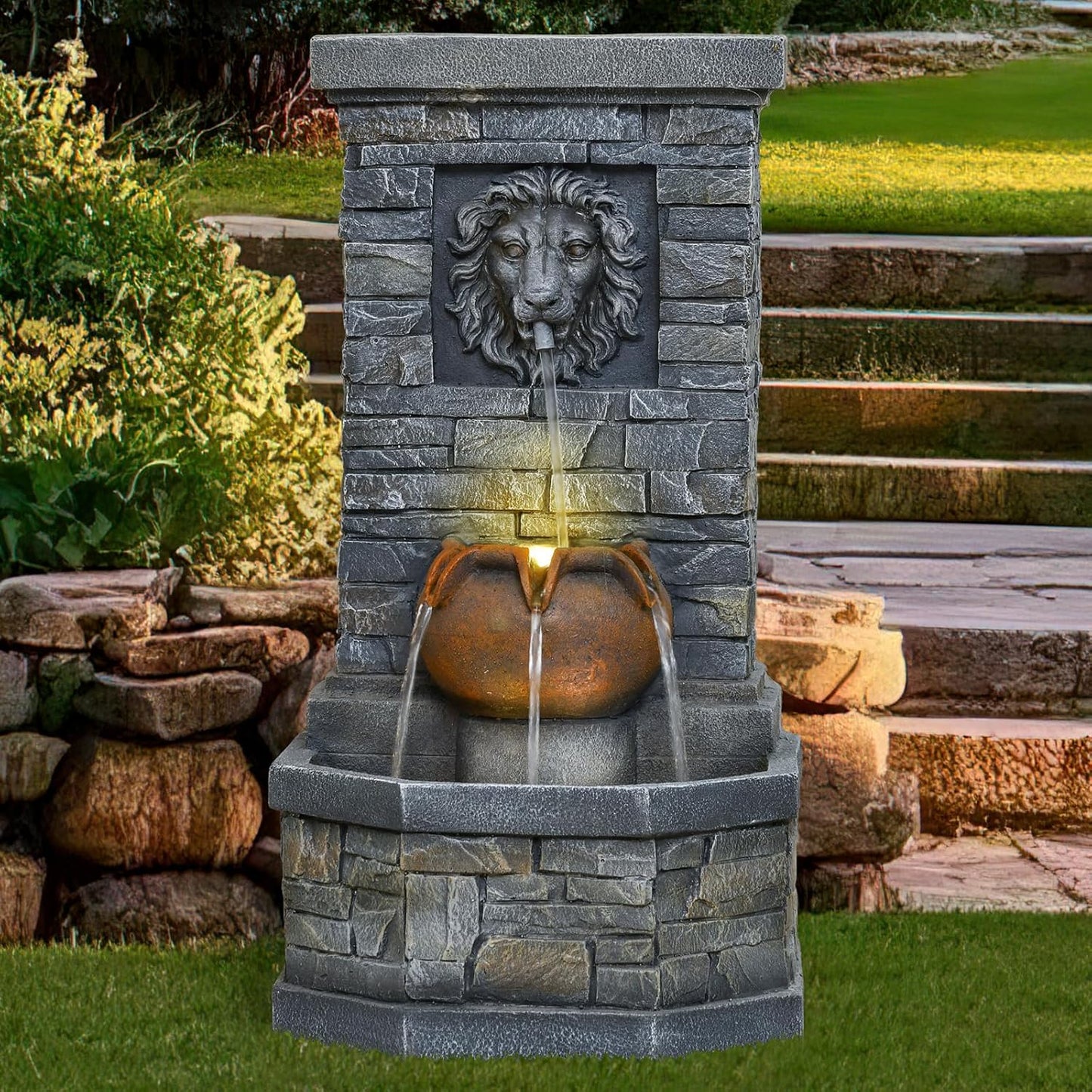 32.28'' Outdoor Garden Floor-Standing Water Fountain Lion Head Stone with Lights Outdoor Waterfall for Patio, Backyard, Deck, Porch and Home Art Decor