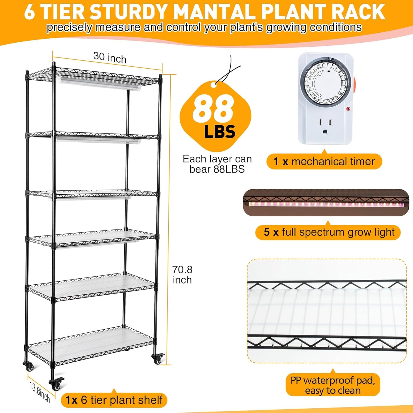 Meonum Plant Shelf with Grow Lights, 5.9FT 6 Tier DIY Metal Grow Rack, Indoor Greenhouse with 90W LED Full Spectrum Growing Lamps, Mechanical Timer, PP Waterproof Pads for Indoor Seed Starting