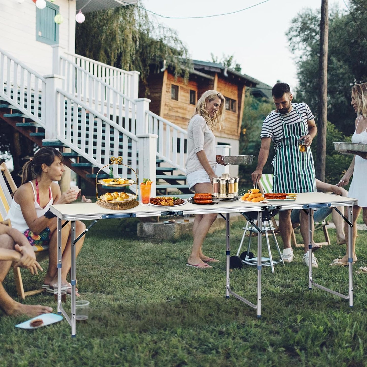 Outvita 6ft Portable Folding Camping Table, Outdoor Waterproof Adjustable Height Table, Aluminum Lightweight Suitcase Foldable Table for Picnic BBQ Beach Dining