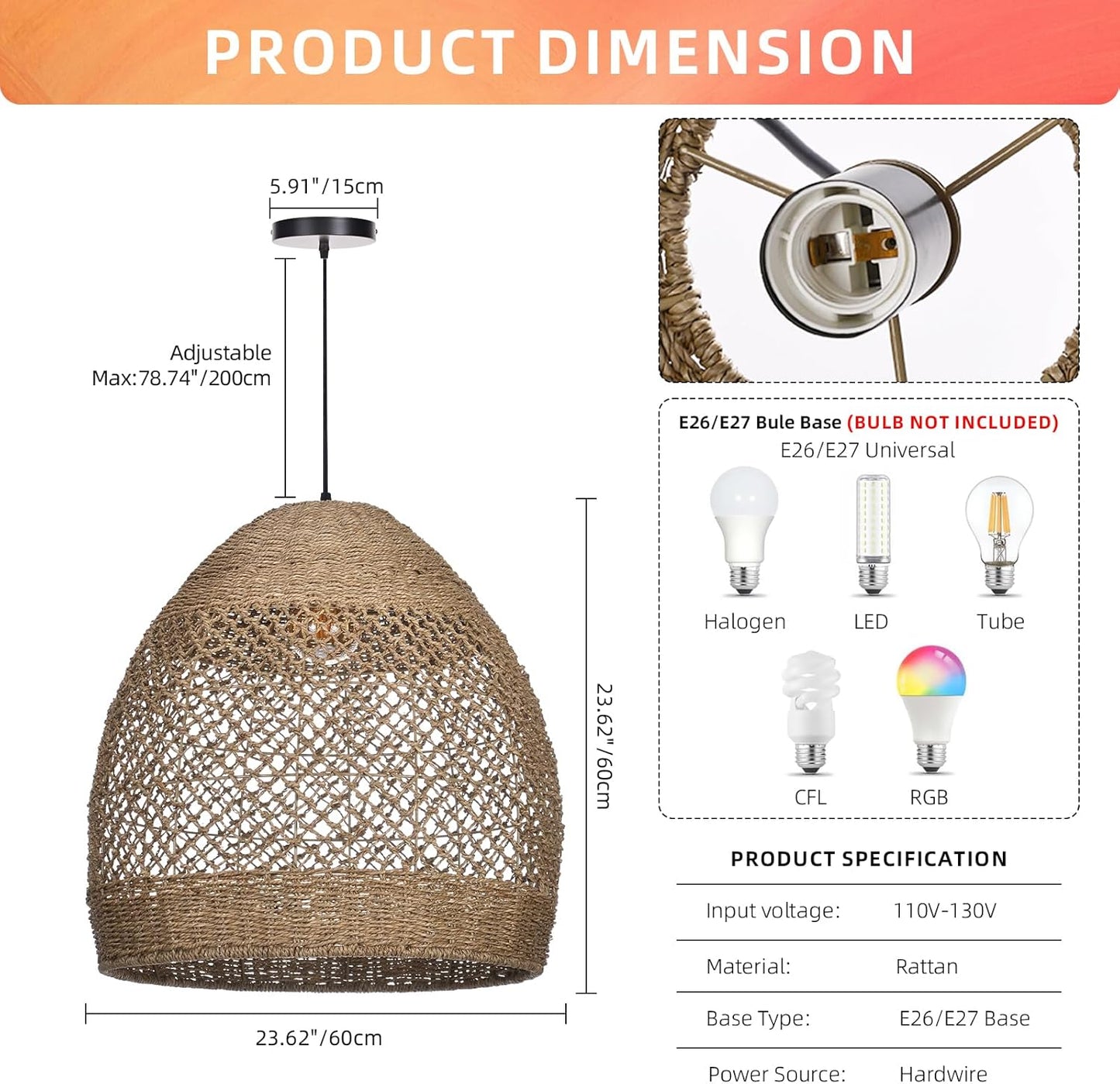 Arturesthome Rustic Rattan Pendant Light,Basket Hanging Light Ceiling Lamp for Dining Room,23.6" Farmhouse Wicker Chandelier for Living Room Foyer Bedroom Hallway