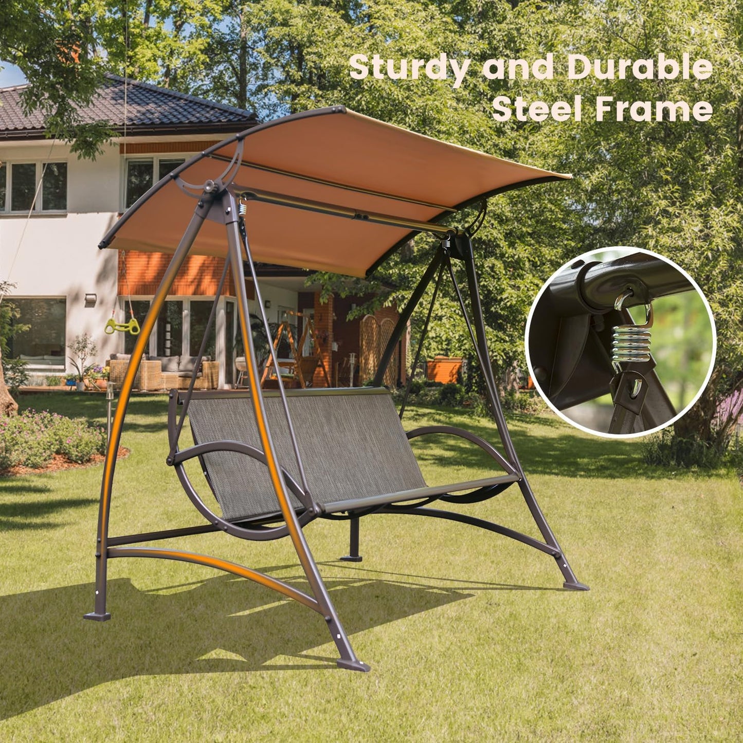 Domi Porch Patio Swing with Adjustable Canopy, 3-seat Swing with Stand, Outdoor Swings w/Armrests, Weather Resistant Steel Frame and Textilene Fabric Dark Brown