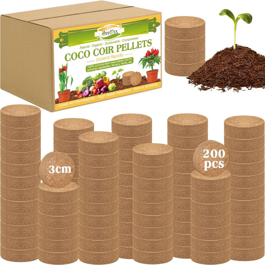 ZeeDix Organic Coco Coir Pellets Potting Soil, 200pcs 30mm Compressed Coconut Fiber Seed Starter Soil Pellets, Coco Peat Soil Discs for Indoor Outdoor Plants, Herbs, Houseplants, Flowers, Vegetables