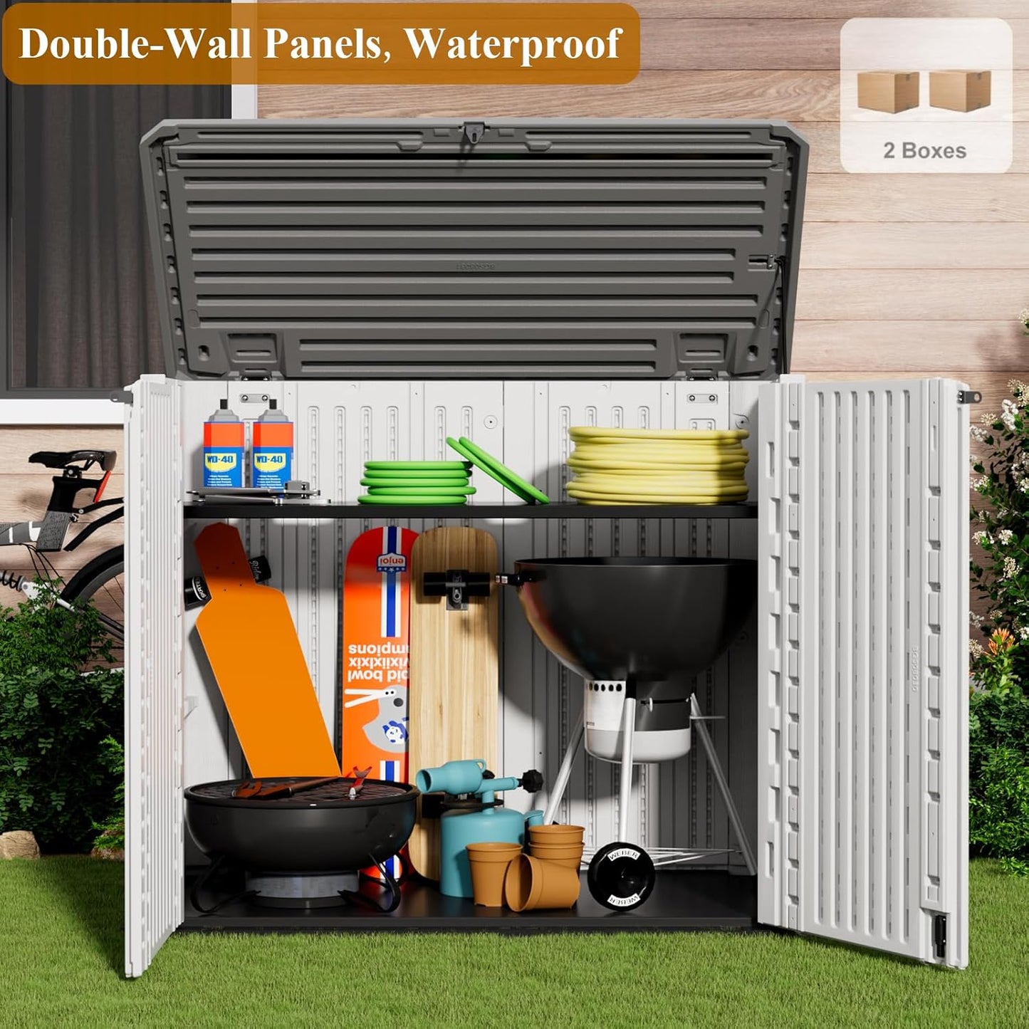 ZZM 4x3FT Heavy-Duty Outdoor Storage Shed | 34 Cu.Ft Waterproof Resin Cabinet with Double-Wall | UV-Resistant & Lockable for Garden Tools, Bikes, Patio Furniture (Wood Grain Texture)