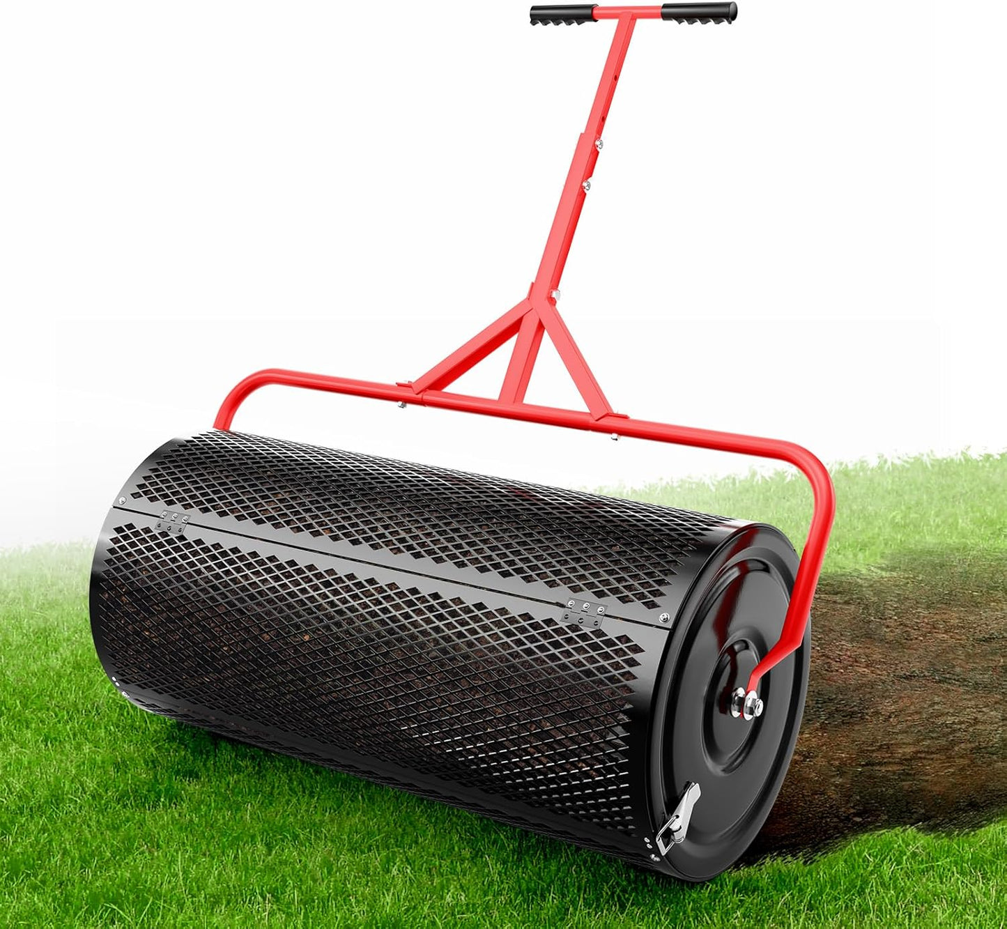 Compost Peat Moss Spreader for Lawn, 30 Inch Compost Roller Spreader with Adjustable T-Shaped Handle, Upgraded Side Clasps, Durable Lightweight Metal Roller, Lawn Garden Yard Care