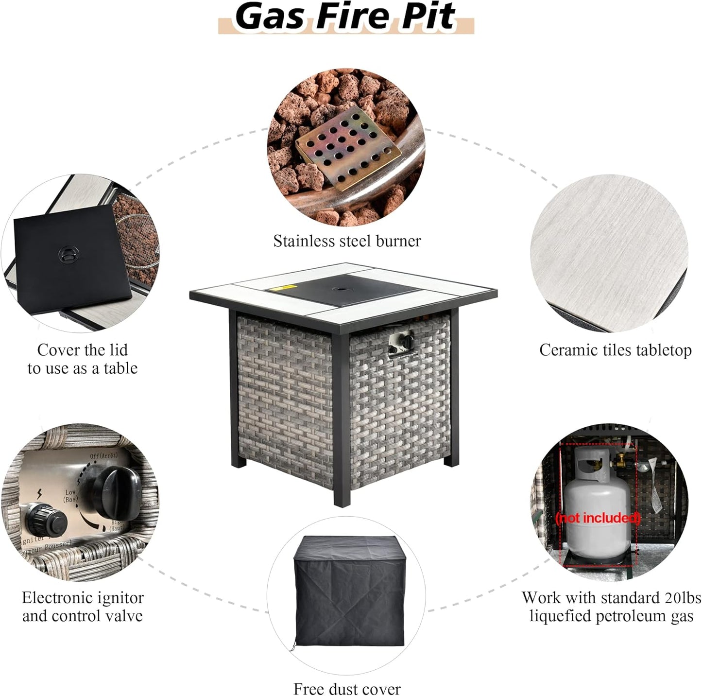 HOOOWOOO 9 Piece Modular Patio Outdoor Sectional Furniture Set with Gas Propane Fire Pit Table,Wicker Conversation Sofa Set with Swivel Chairs,Outside Couch Set(Beige)