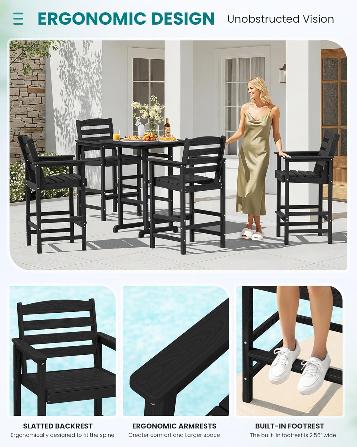 SERWALL 5-Piece Adirondack Bar Chairs Set, HDPE Adirondack Barstools with Pub Table, Outdoor Patio Bar Furniture for Bistro, Balcony, Poolside, Garden - Black