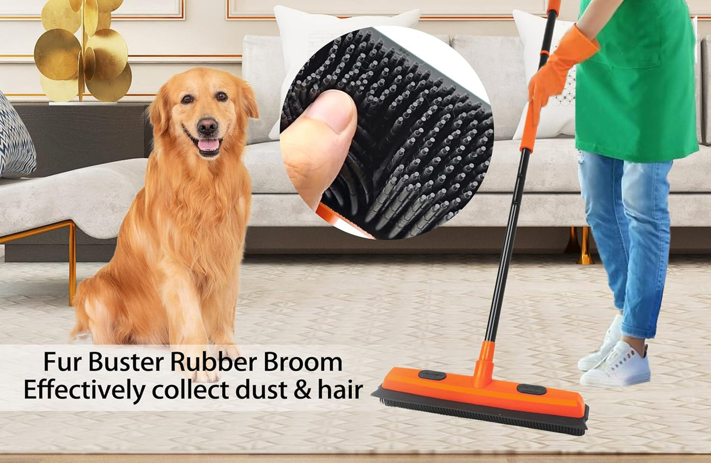 JEHONN Rubber Broom Carpet Rake for Pet Hair Remover, Fur Removal with Squeegee, Portable Detailing Brush Brush, 52.8 Inches Telescopic Long Handle for Fluff Carpet