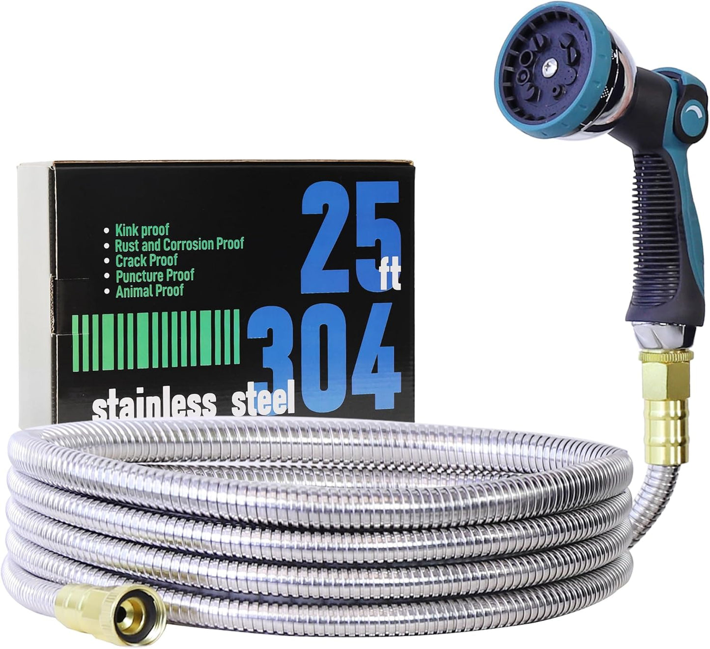 25FT 5/8'' Garden Hose, 304 Stainless Steel Water Hose, Flexible with a 10-Mode Nozzle Sprayer, No Kink, Lightweight, Puncture Proof Metal Hose, Ideal for Yard, Lawn, Outdoor