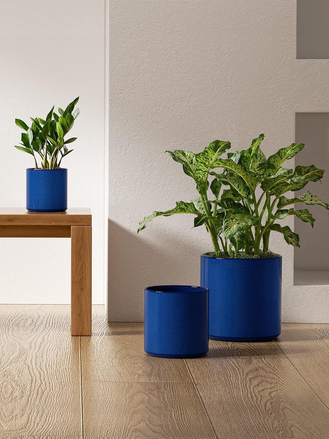 LE TAUCI Ceramic Plant Pots Indoor, 10+8+6 Inch Planters for Indoor Plants, Mid-Century Modern Flower Pots with Drainage Hole and Plug, Cylinder Round Planters, Set of 3, Sapphire Blue
