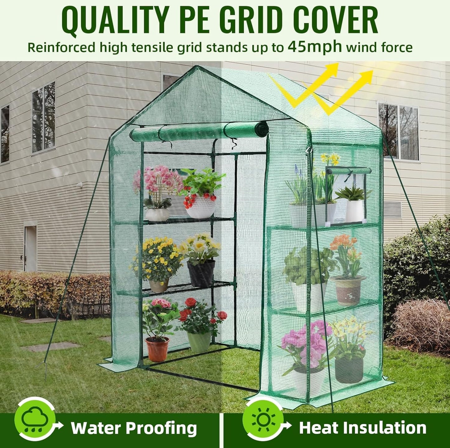 Greengro Greenhouse, 28 x 57 x 76'' Greenhouses for Outdoors, Small Plant Green House with Screen Windows, 3 Tiers 4 Shelves, Durable PE Cover, Plastic Portable Wall in Greenhouses for Outside Indoor