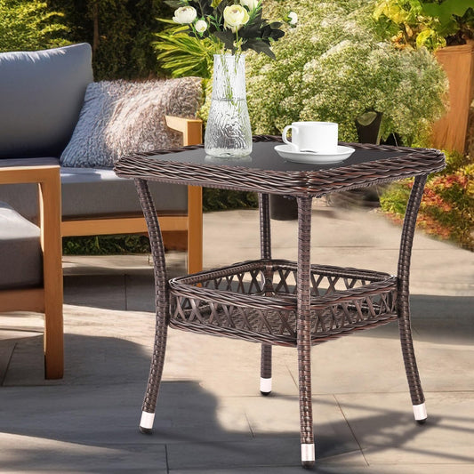 Outdoor Side Table Patio Wicker Coffee Table Outdoor End Table Rattan Bistro Table with Storage & Black Glass Table Top Square for Outside Balcony Porch Backyard Deck Brown