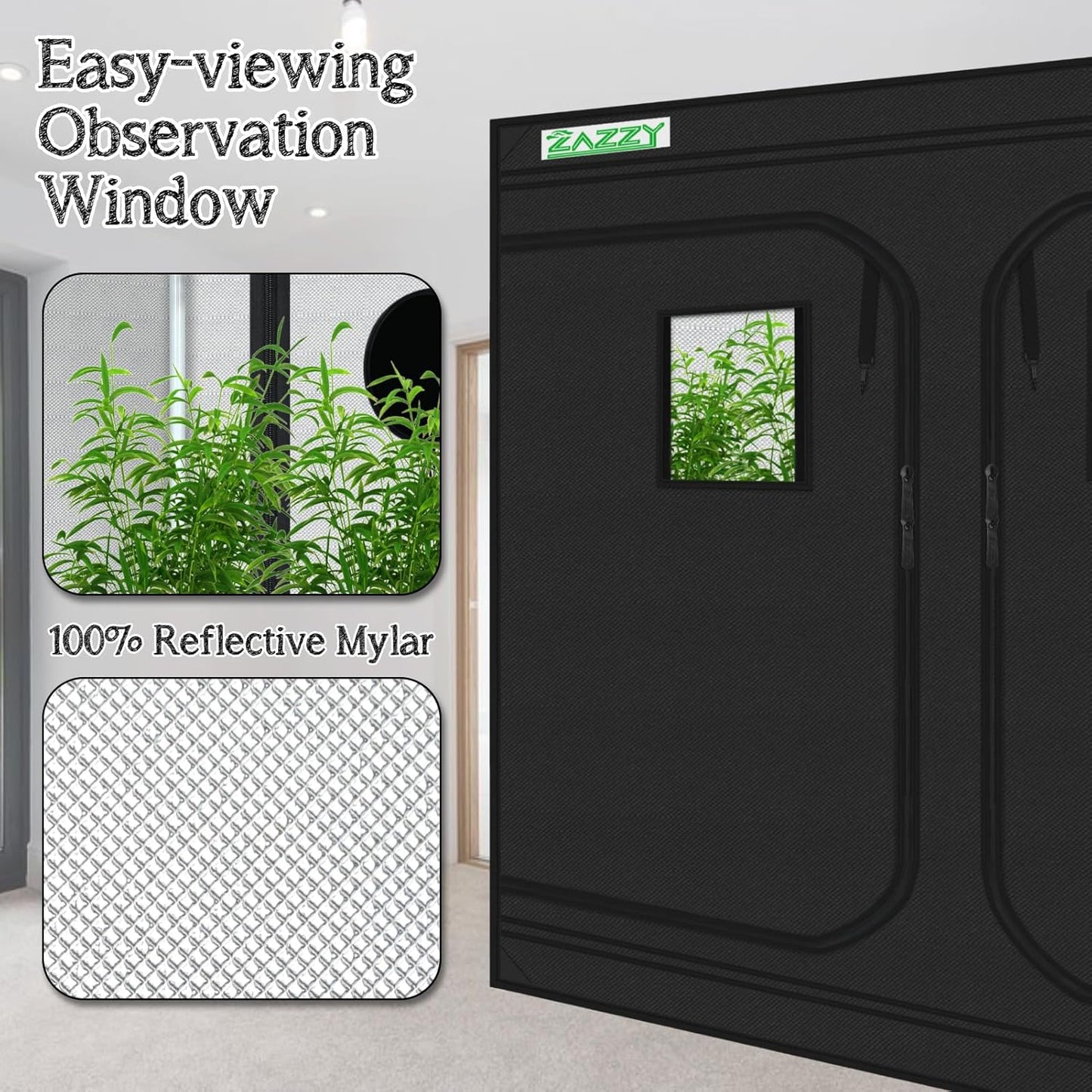 zazzy Grow Tent, 120"x60"x78" Hydroponic Mylar Grow Tent Reflective Garden Growing Dark Room with Observation Window, Removable Floor Tray and Tool Bag for Indoor Plant Growing 10x5