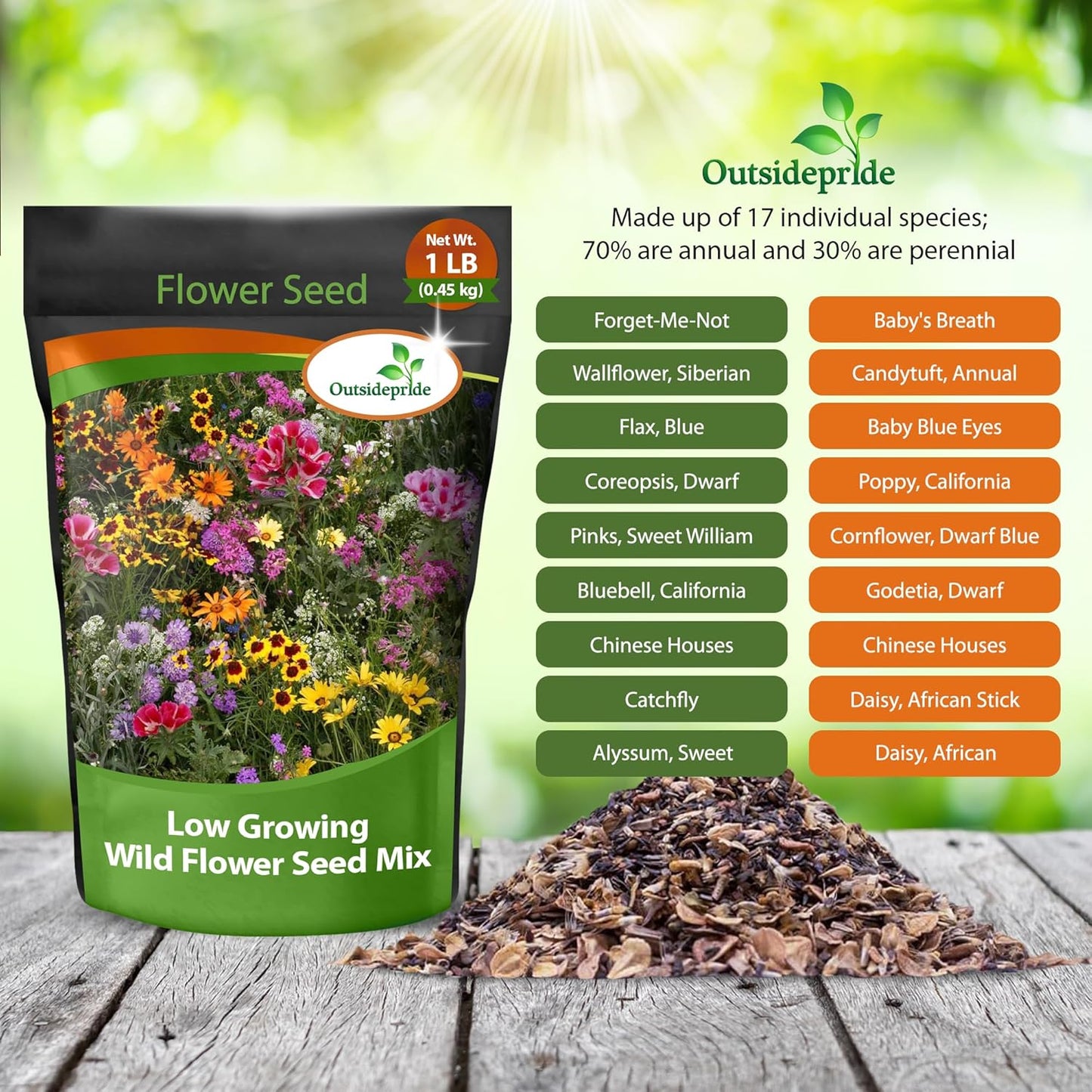Outsidepride Low Growing Wildflower Seeds - 1 lb Dwarf, & Short, Diverse Perennial & Annual Wild Flower Seed Mix with Long Bloom Season for Colorful Display That Thrives on All States
