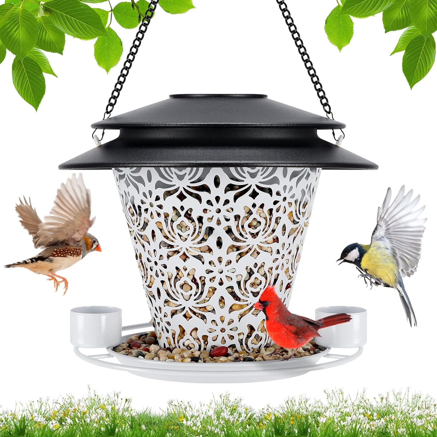 Solar Bird Feeders for Outside Hanging Metal Wild Bird Feeder Solar Lanterns Outdoor Waterproof Garden Decor for Yard White