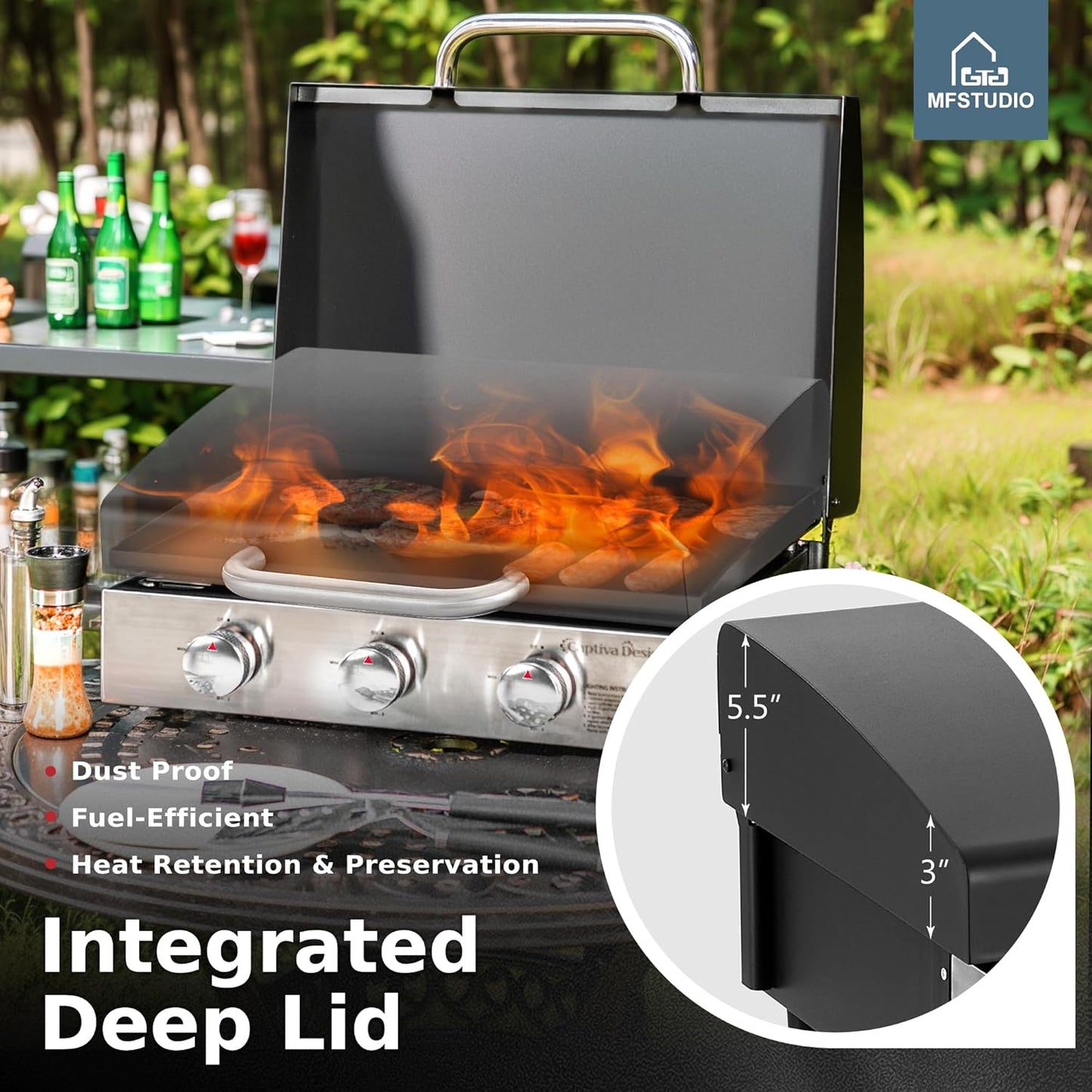 MFSTUDIO 22 Inch Flat Top Grill with Ceramic Coated Cast Iron Pan, 3 Burners Portable Tabletop Propane Gas Griddle Grill for Camping, Outdoor & Tailgating Barbecue, 24,000 BTU