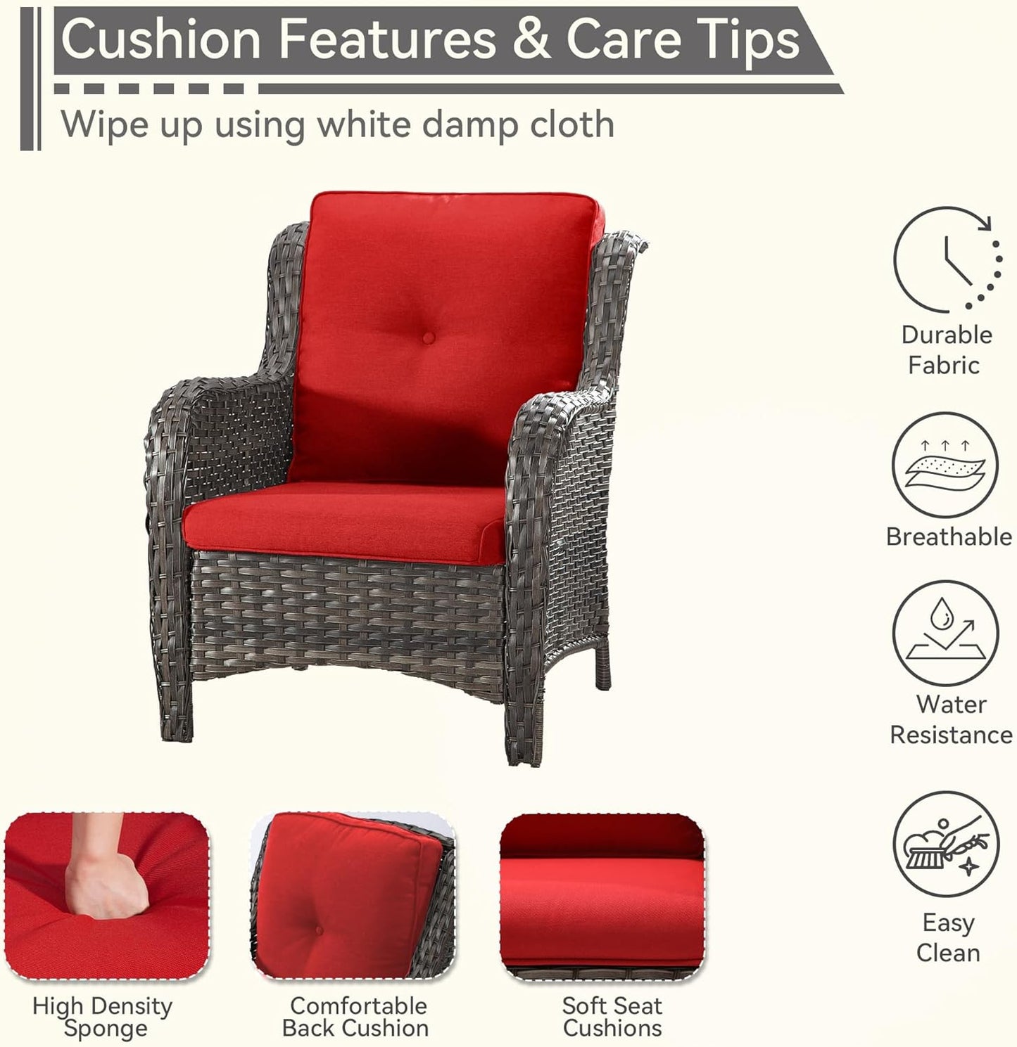 Patio Wicker Chairs Set of 2, Patio Rattan Dining Chairs with 3.5-inch Seat Cushions, High Back and Curved Armrest for Garden, Backyard, Balcony and Deck, Red