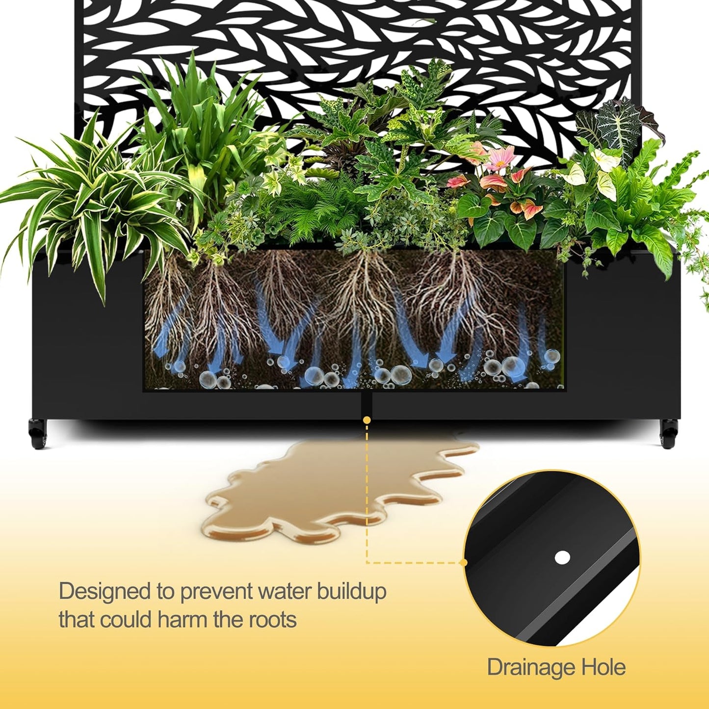 Raised Garden Bed with Trellis and Wheels,73"x47"x16" Metal Raised Garden Bed,Black Flowing Leaf Metal Planter with Climbing Trellis for Vines & Vegetables