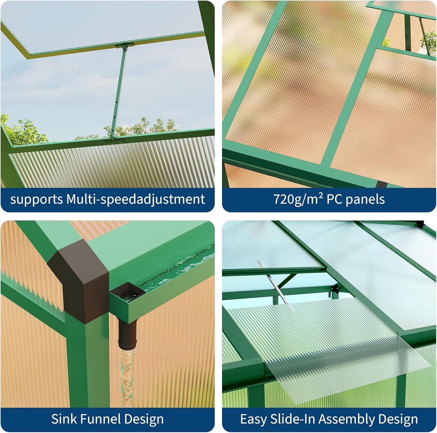 8×10 FT Greenhouse, Large Walk in Greenhouses for Outdoors and Garden Planting, Polycarbonate Greenhouse with Enhanced Aluminum Frame, Green Houses with Quick Setup Structure and Roof Vent, Green