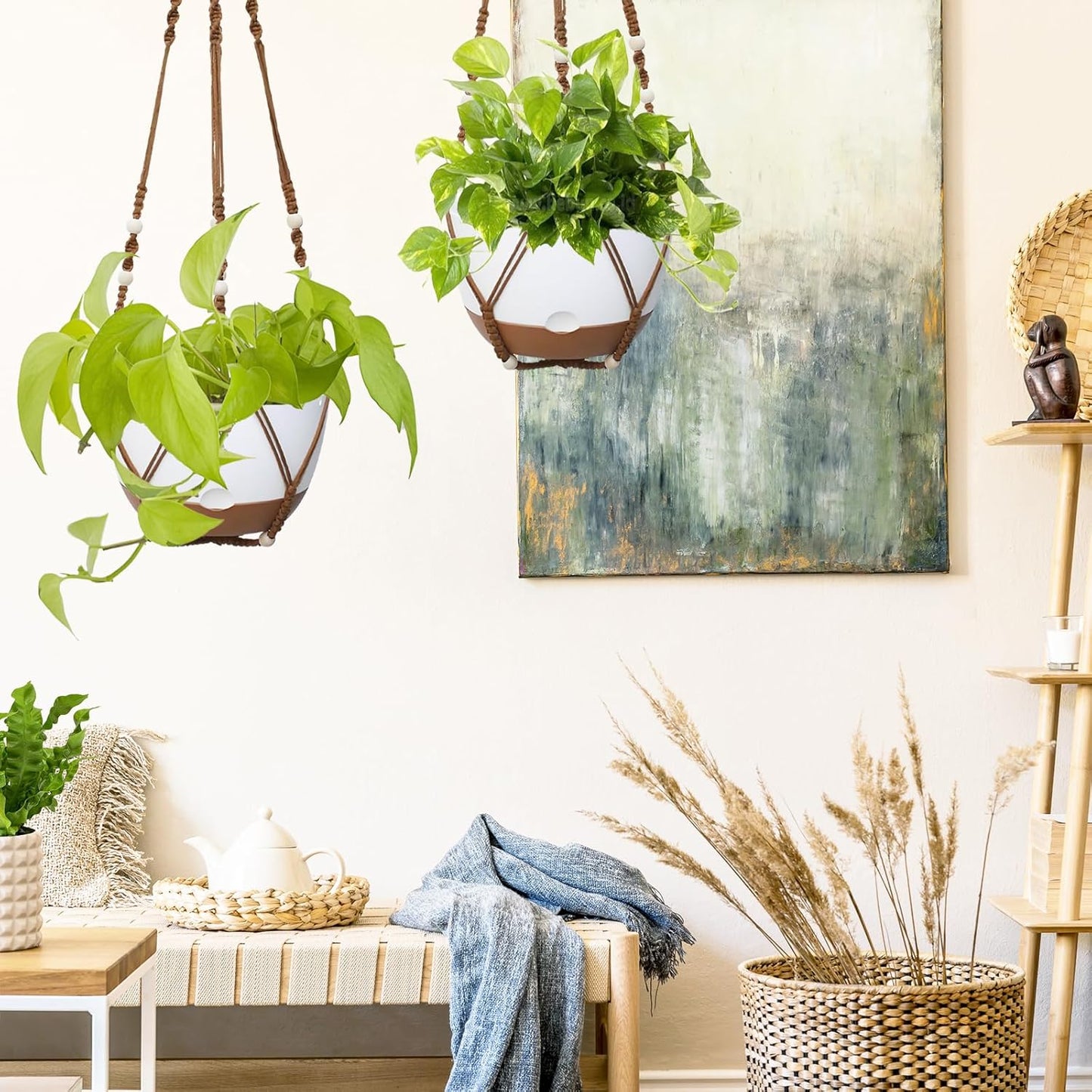 2 Pack Hanging Planters Set,10 Inch Indoor Outdoor Hanging Plant Pot Basket,Hanging Flower Pot with Drainage Hole with 3 Hooks for Garden Home(Caramel Hanger White Planters)