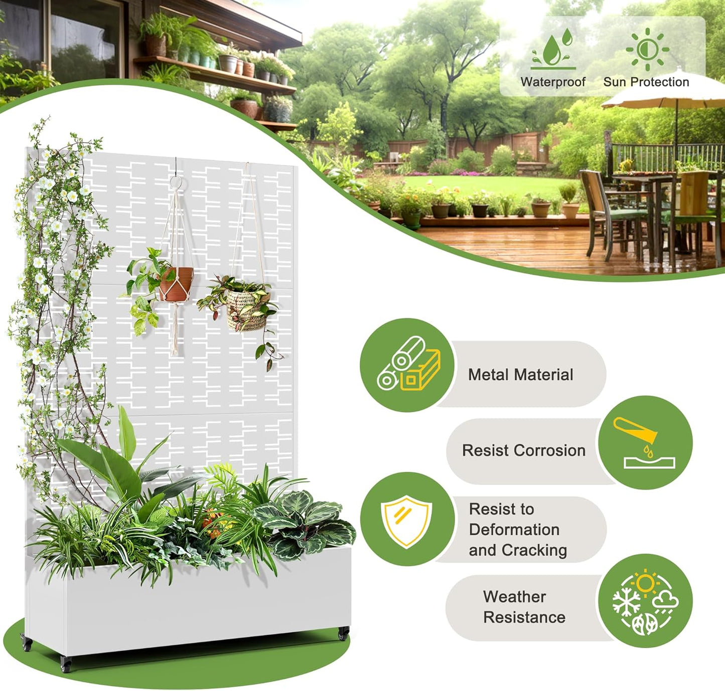 FENCY Metal Raised Garden Bed with Wheels and Trellis,73"x47"x16" Planter Box for Climbing Plants, Vegetables & Vines, Features Privacy Screen and Drainage Holes (White-Brick)