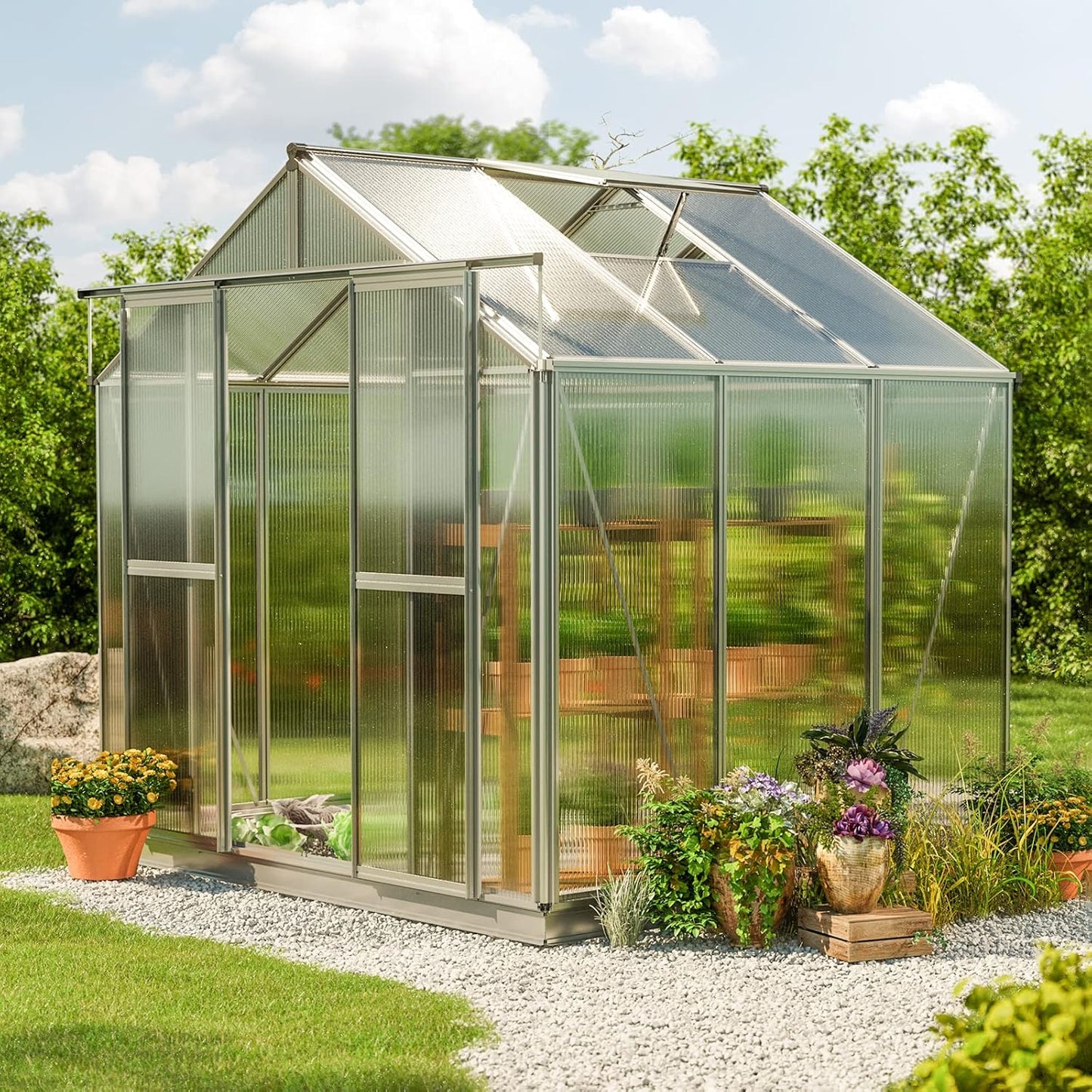 Greenhouse Saphir 3 Aluminum Frame 8.5 x 6.4 ft Approx. 8 mm Polycarbonate Panels - with Bonus Base Frame and Automatic Vent Opener