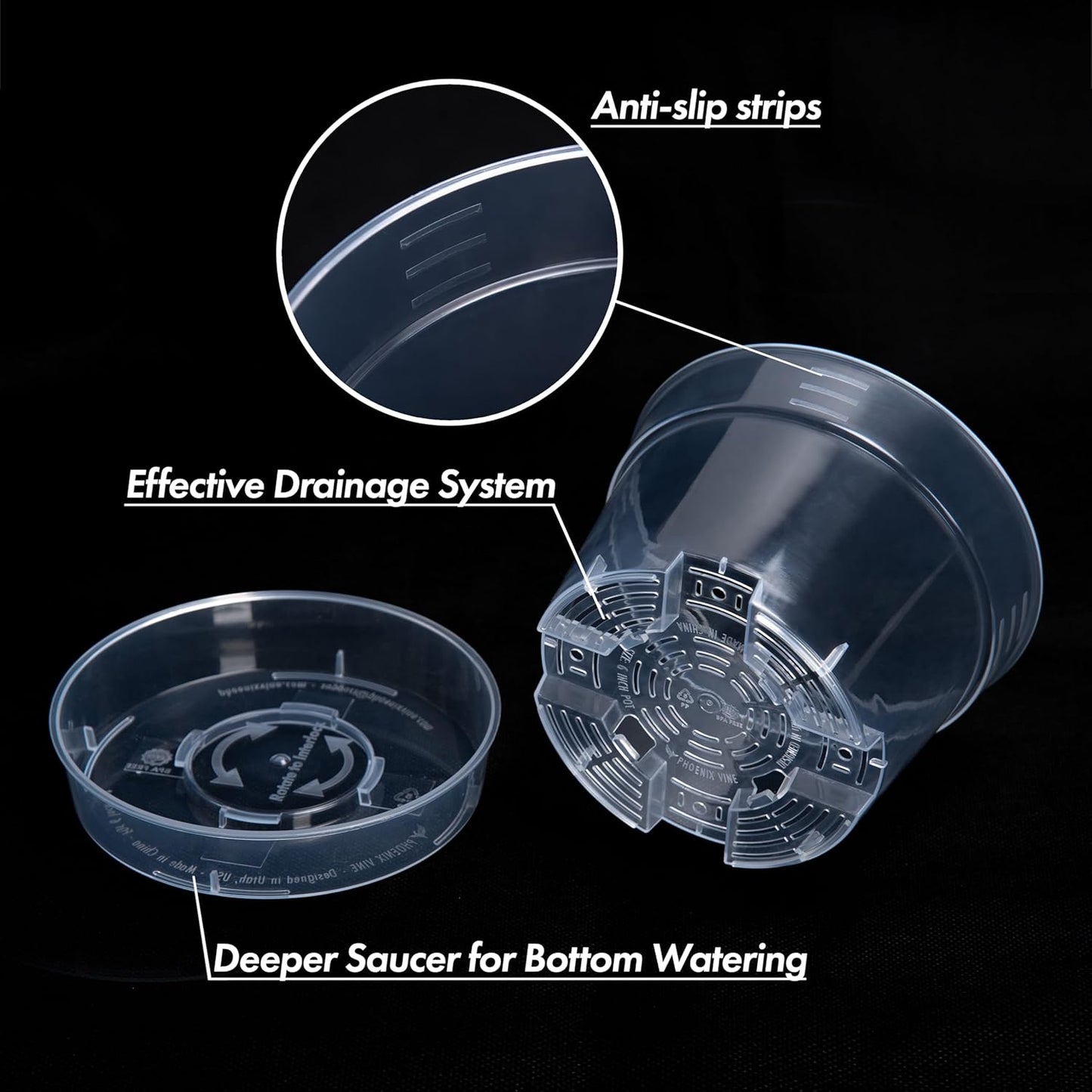 6 Inch Clear Plastic Plant Pot with Drainage Holes, Interlocking & Detachable Tray - Deep Saucer - Durable BPA-Free Plastic, Transparent Design, Raised Base for Airflow, Set of 6, 92-X-A-4