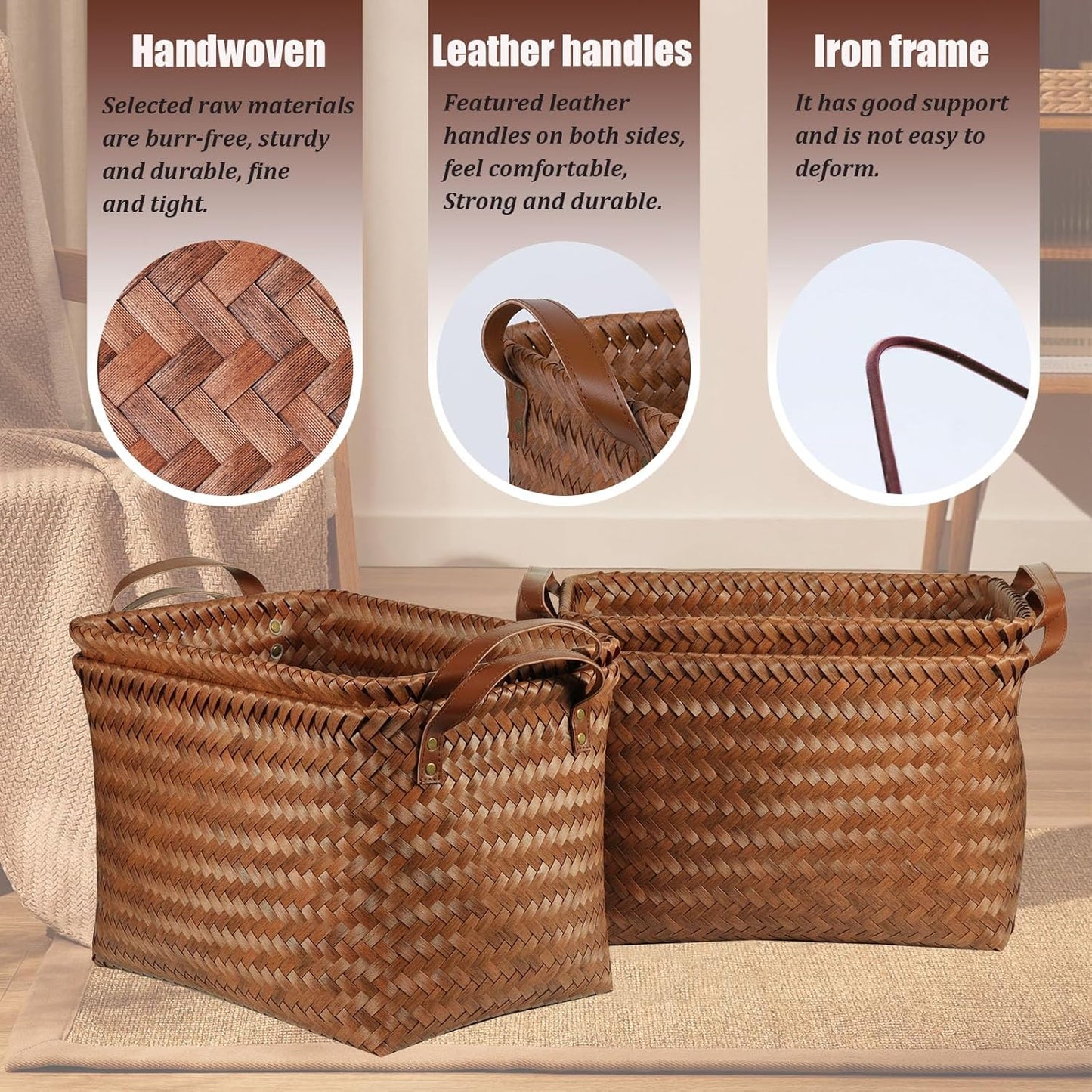 BROWNLILY Handwoven Clothes Basket Laundry Hampers Large Wicker Storage Baskets for Shelves Blankets Closet Storage Bins Car Bedroom Bathroom Organizers and Storage Bath (8, Brown)