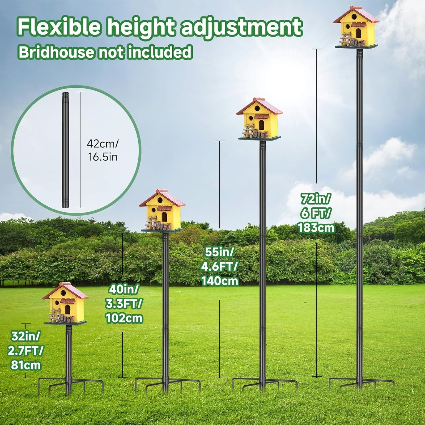 79In Smart Bird Feeder Pole Mount Kit,Adjustable Bird House Pole for Outdoors Heavy Duty, Metal Birdhouse Stand for Outside Multiple Mounting Option(Black Finish)